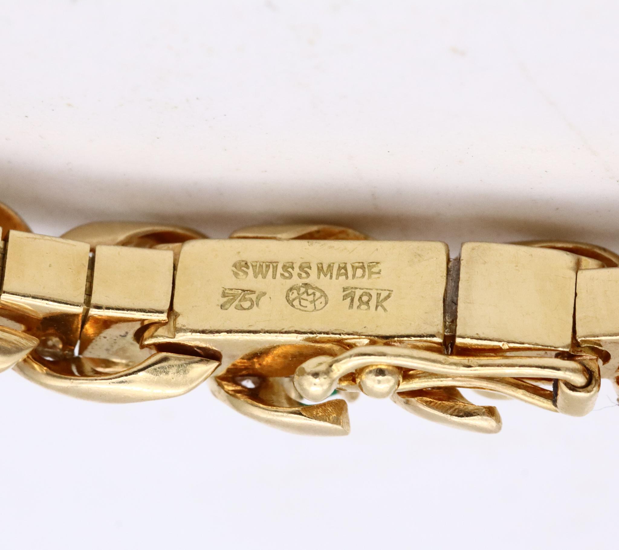 Retro Gubelin 1960 Swiss 18kt Gold Bracelet 4.64 Ctw Colombian Emeralds and Diamonds For Sale