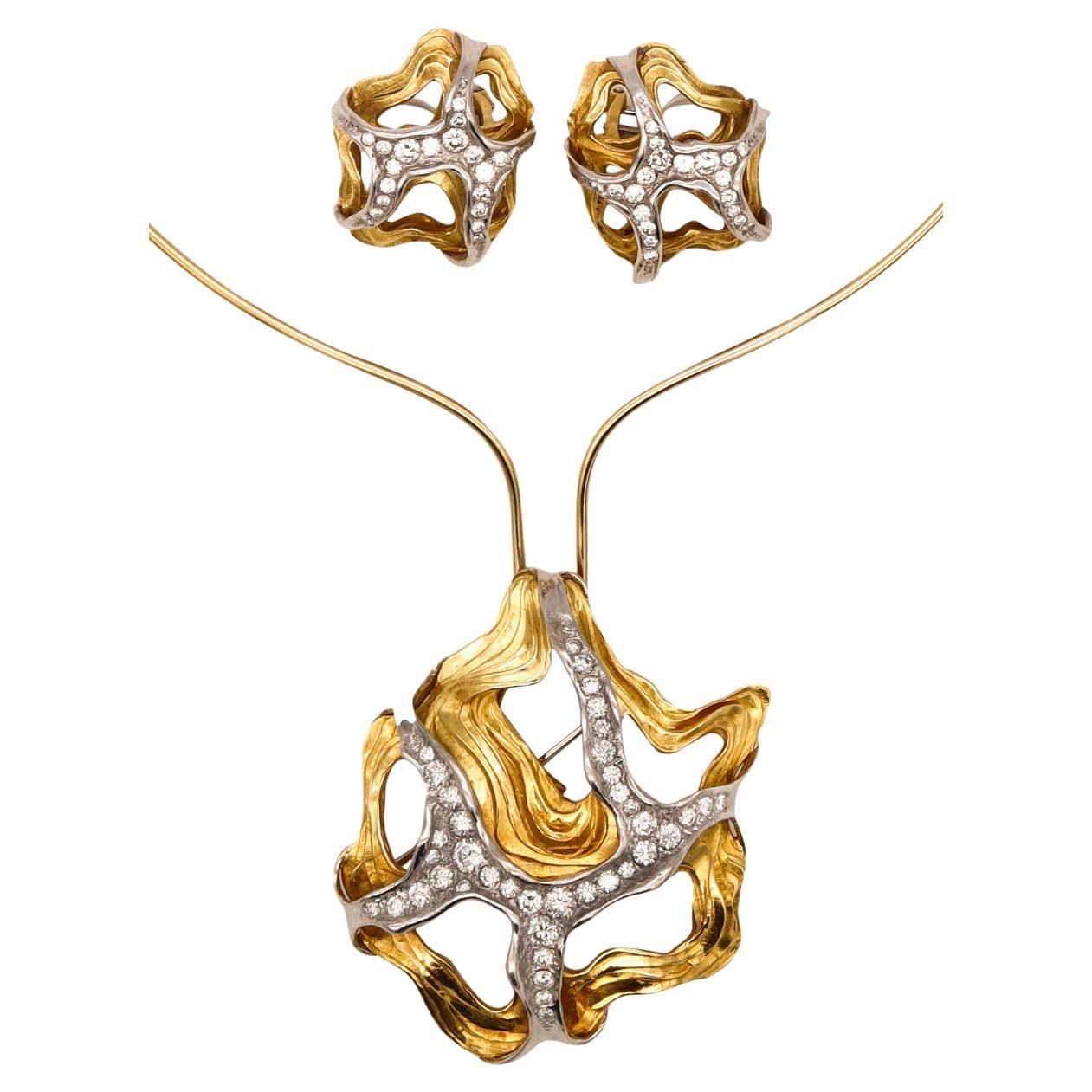 Gubelin 1960 Swiss Convertible Pendant Earring Set 18Kt with 6.84 Cts Diamonds