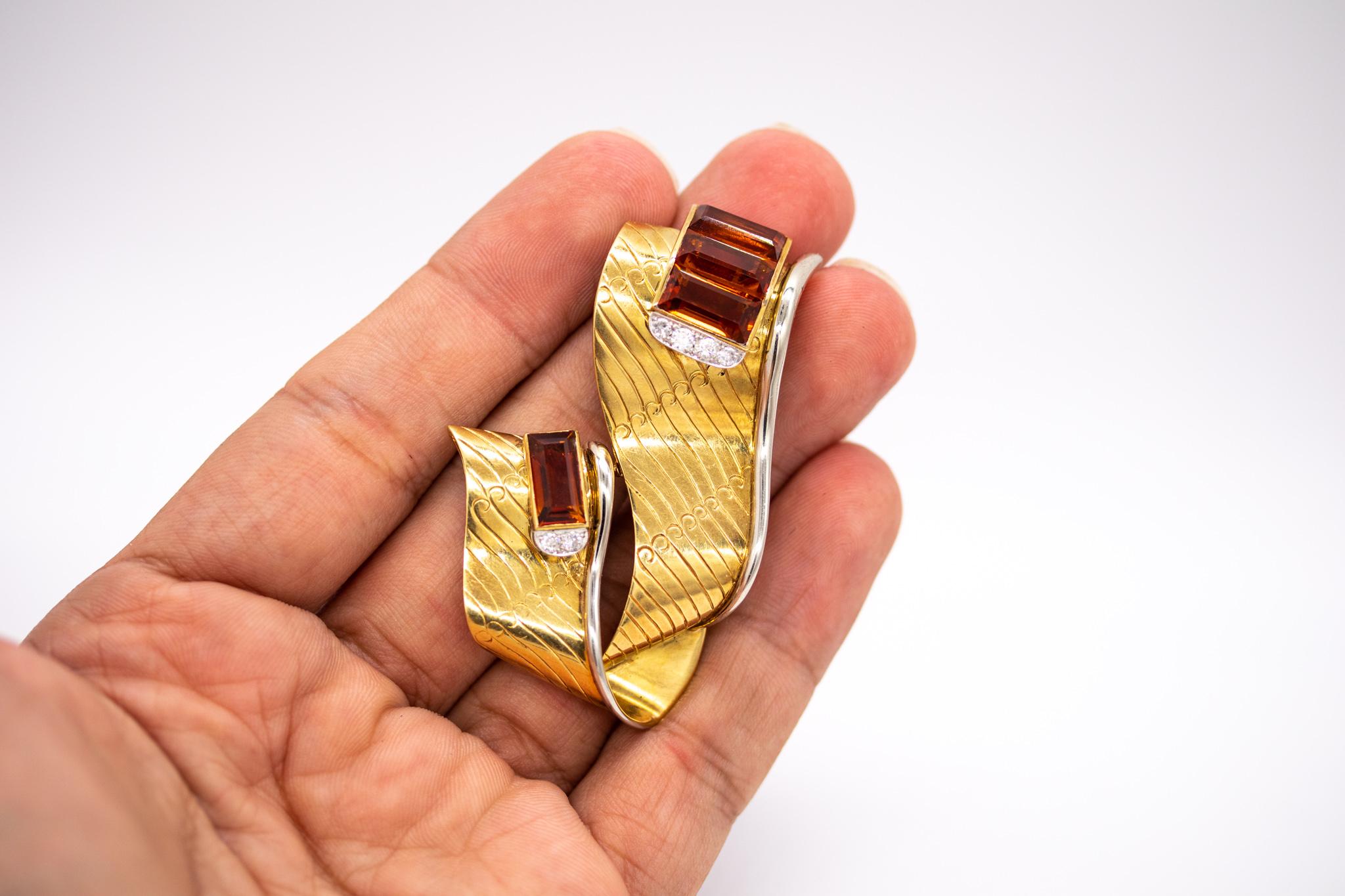 Women's Gubelin 1960 Swiss Retro Brooch in 18Kt Gold with 11.02 Cts in Diamonds Citrines For Sale