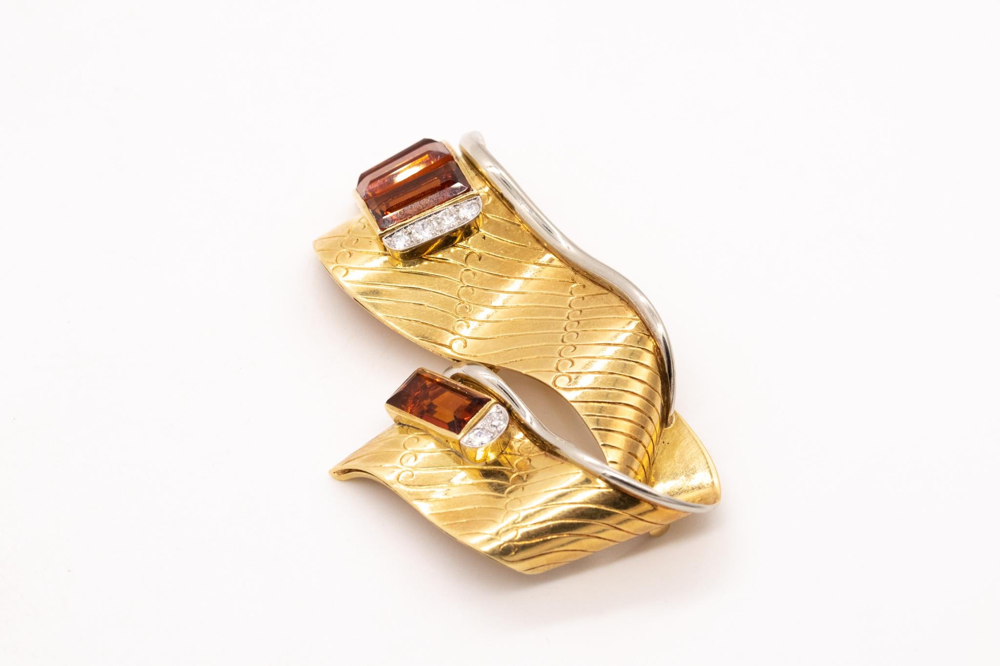 Gubelin 1960 Swiss Retro Brooch in 18Kt Gold with 11.02 Cts in Diamonds Citrines For Sale 3