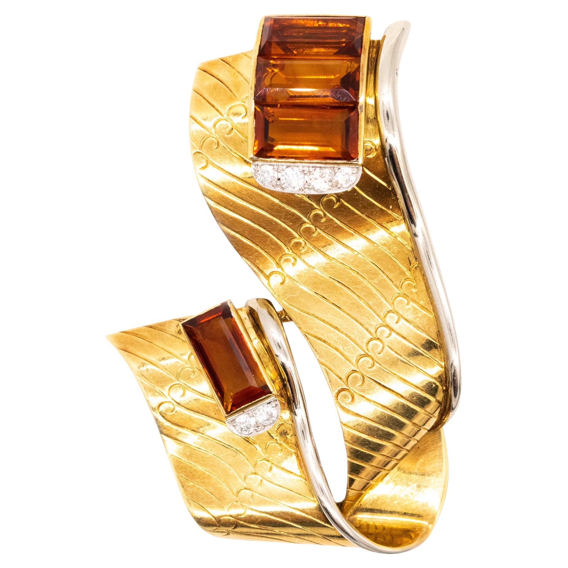Gubelin 1960 Swiss Retro Brooch in 18Kt Gold with 11.02 Cts in Diamonds Citrines For Sale
