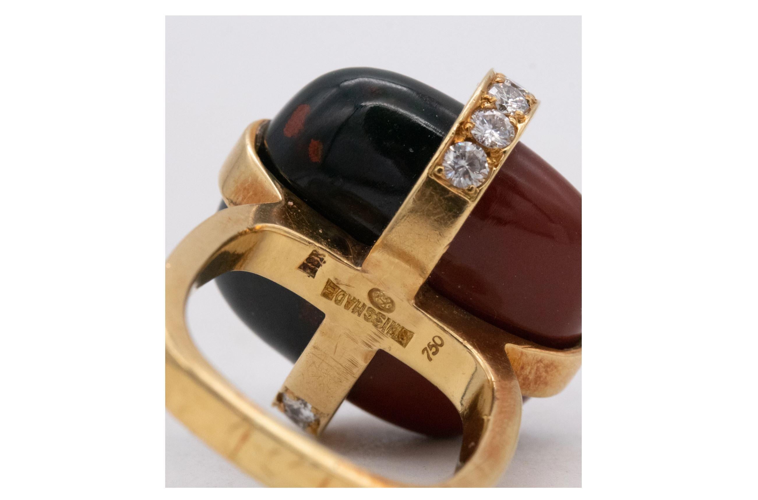 Gubelin 1970 Kurt Aepli 18Kt Gold Geometric Ring Diamonds, Jasper & Bloodstone In Excellent Condition In Miami, FL