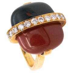 Retro Gubelin 1970 Kurt Aepli 18Kt Gold Geometric Ring Diamonds, Jasper & Bloodstone