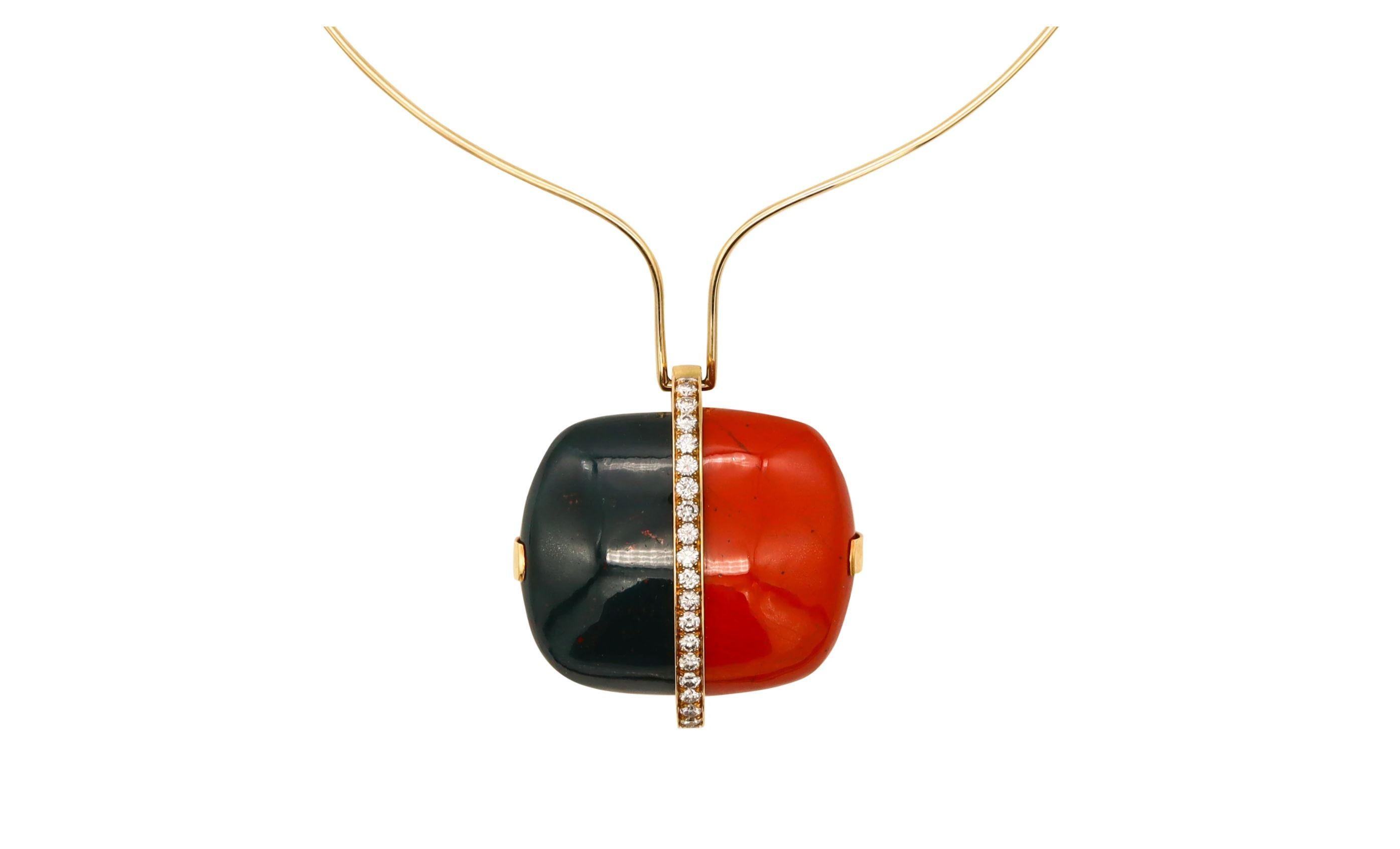 Gubelin 1970 Kurt Aepli Necklace Brooch 18Kt Gold Diamonds, Jasper & Bloodstone 10