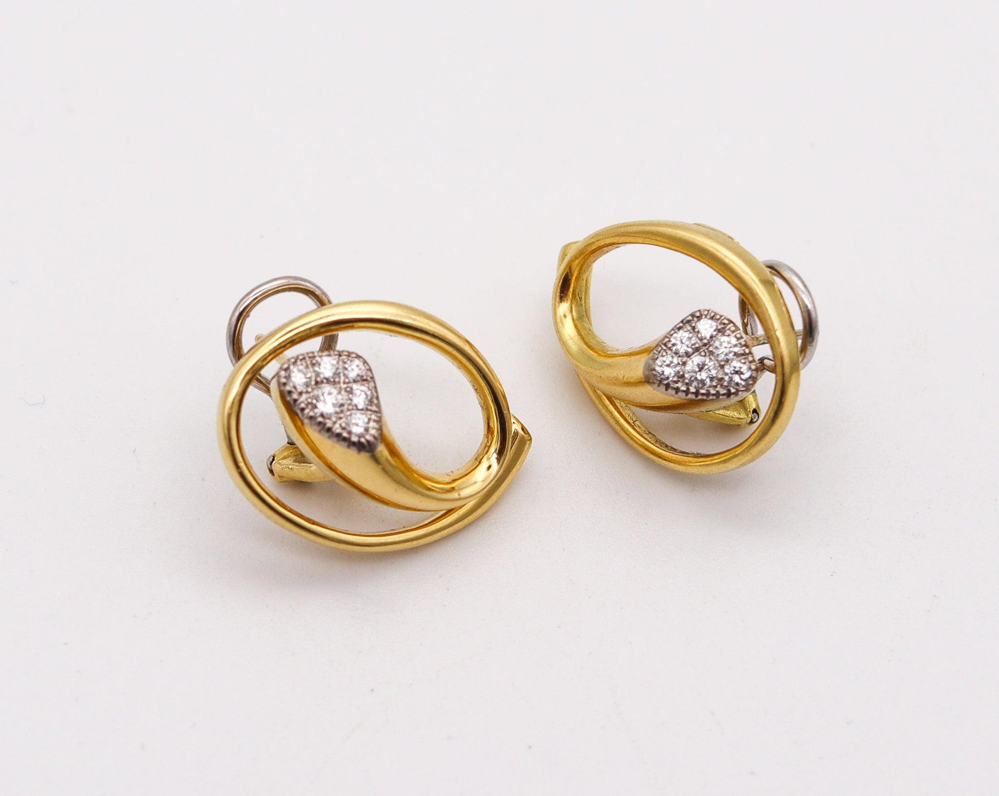 Brilliant Cut GUBELIN 1970 Modernist Clips-On Earrings In Solid 18Kt Yellow Gold & Diamonds For Sale