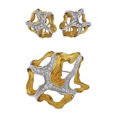 Gubelin 1970s Gold Diamond Earrings Brooch Set