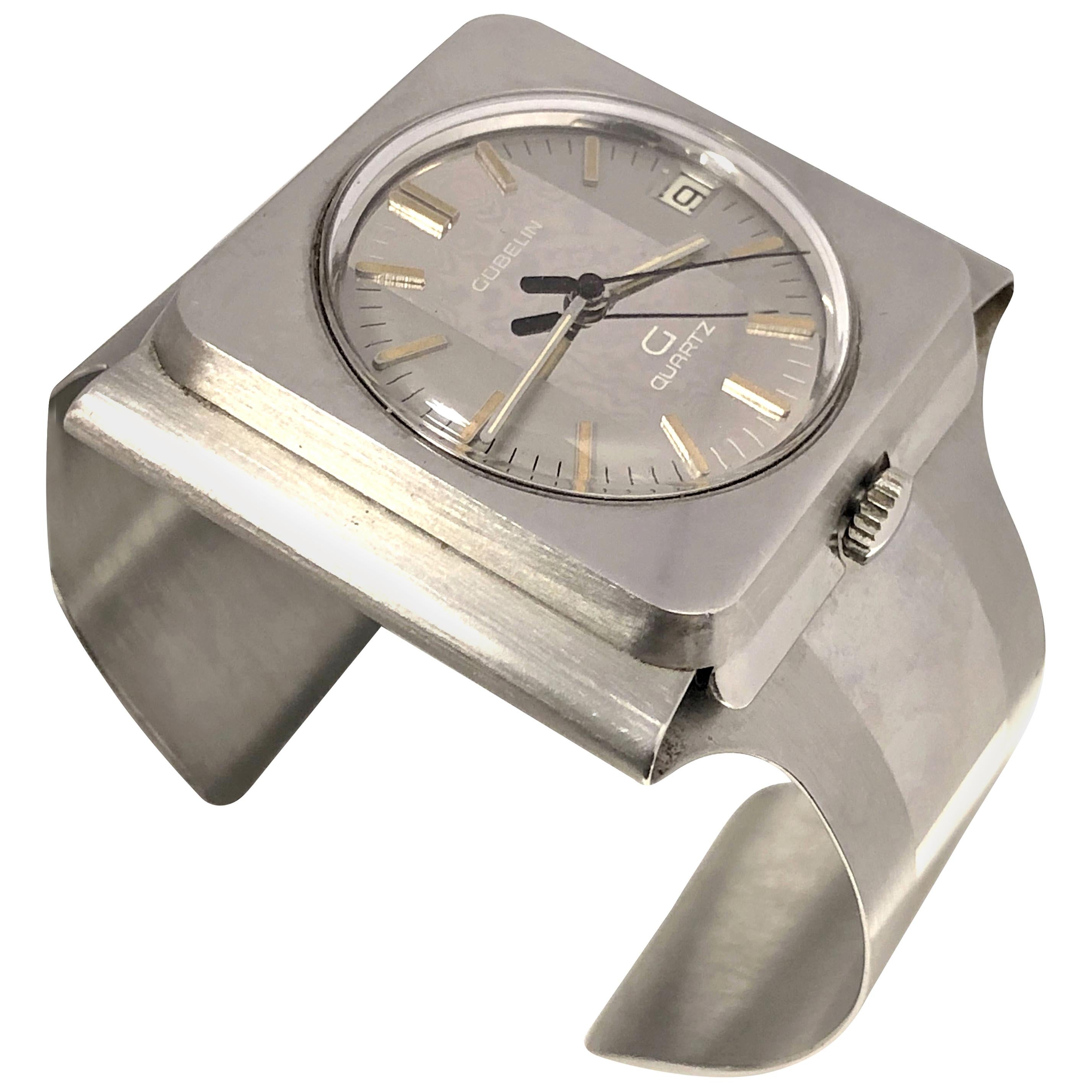Gubelin 1970s Rare Midcentury Large Cuff Quartz Wristwatch For Sale