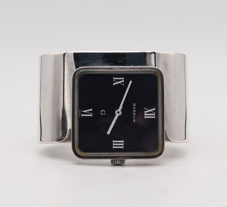 Retro Gubelin 1972 Swiss Geometric Space Era Wrist Watch Cuff Bracelet In 925 Sterling For Sale
