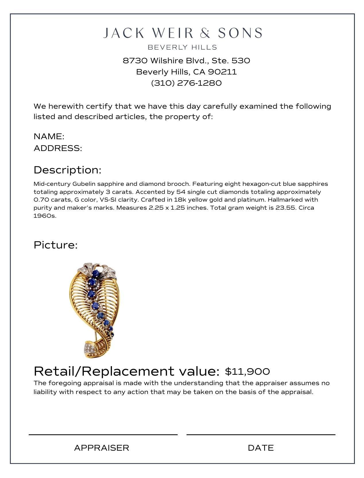 Gubelin 3 carat sapphire diamond 18k yellow gold brooch In Excellent Condition In Beverly Hills, CA