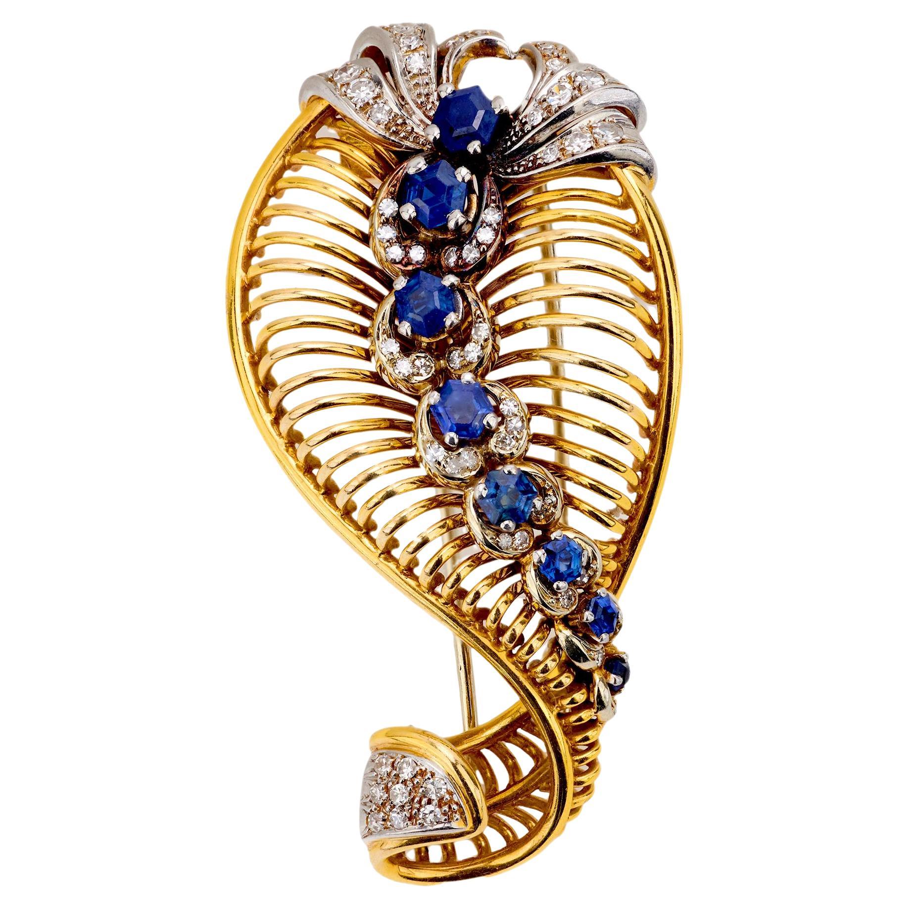Gubelin 3 carat sapphire diamond 18k yellow gold brooch