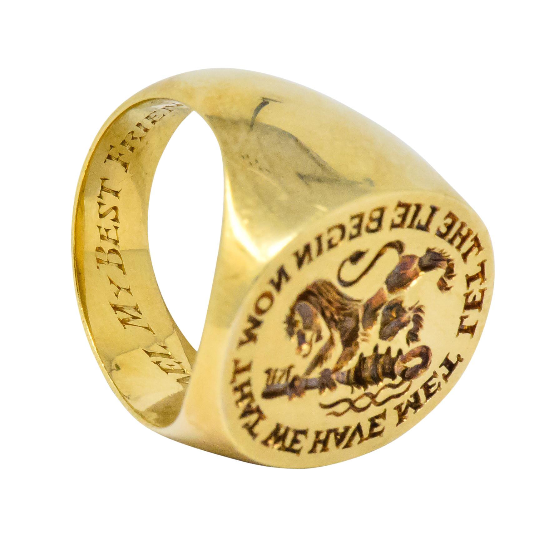 Women's or Men's Gubelin Antique 18 Karat Gold Lion with Key Signet Ring