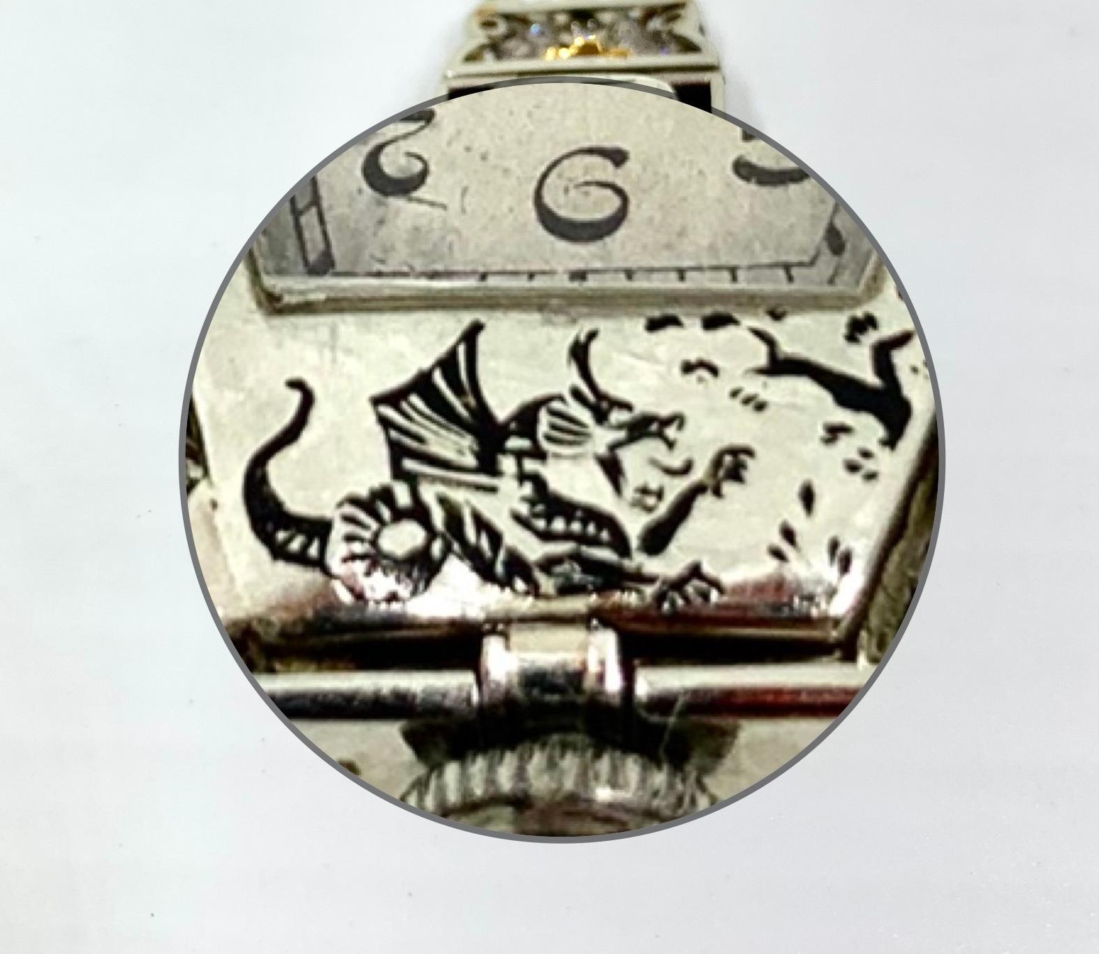 Gubelin Art Deco Diamond Platinum Enamel Dragon Pendant Lapel Watch For Sale 6