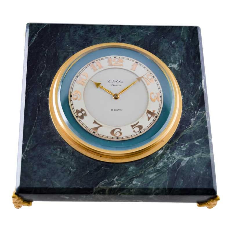 Gubelin Art Deco Stone Table Clock with Original Dial with Applied Gold Numerals In Excellent Condition For Sale In Long Beach, CA