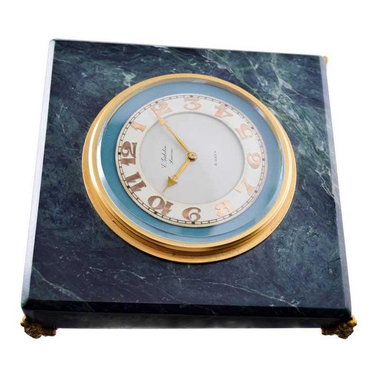 Swiss Gubelin Art Deco Stone Table Clock with Original Dial with Applied Gold Numerals For Sale