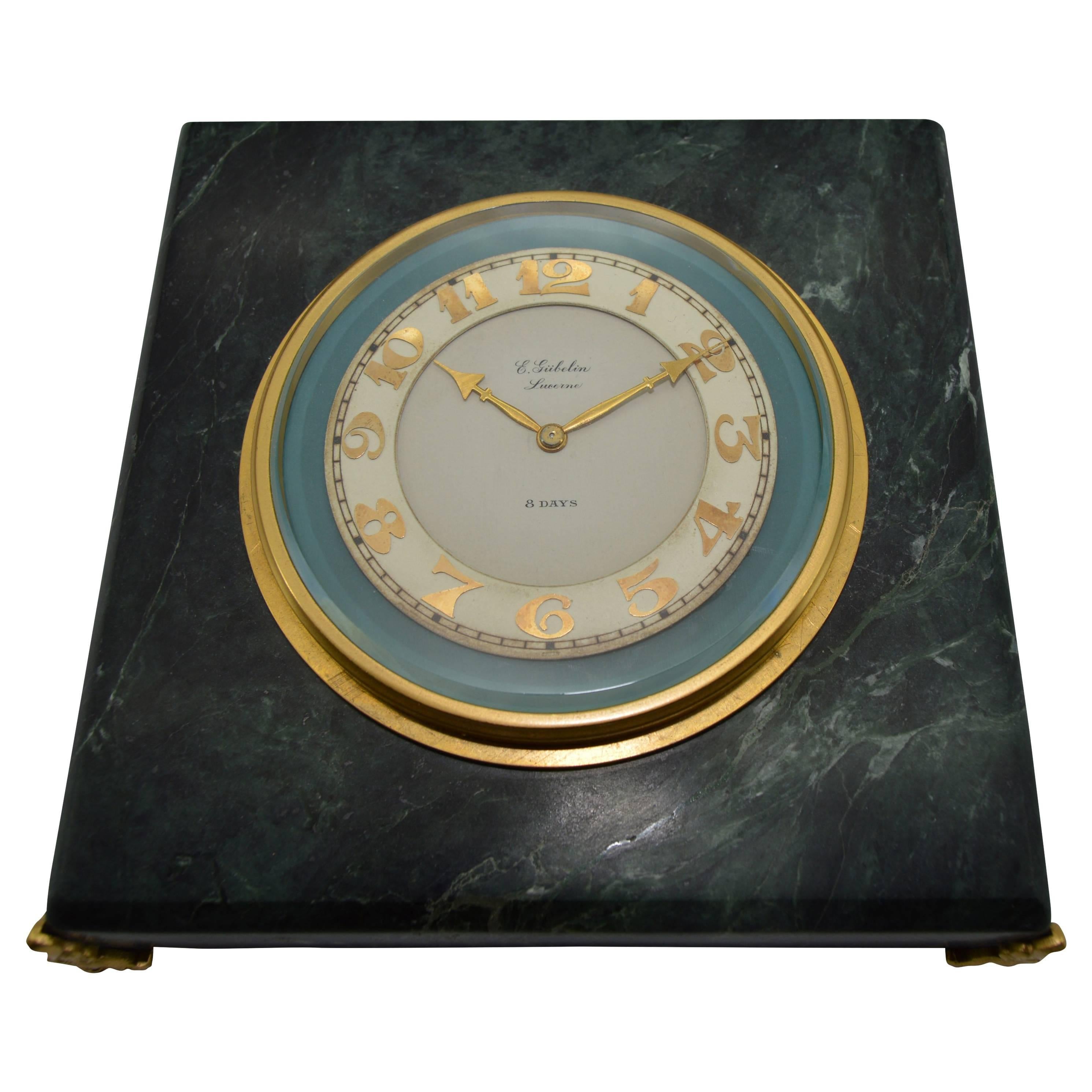 Gubelin Art Deco Stone Table Clock with Original Dial with Applied Gold Numerals