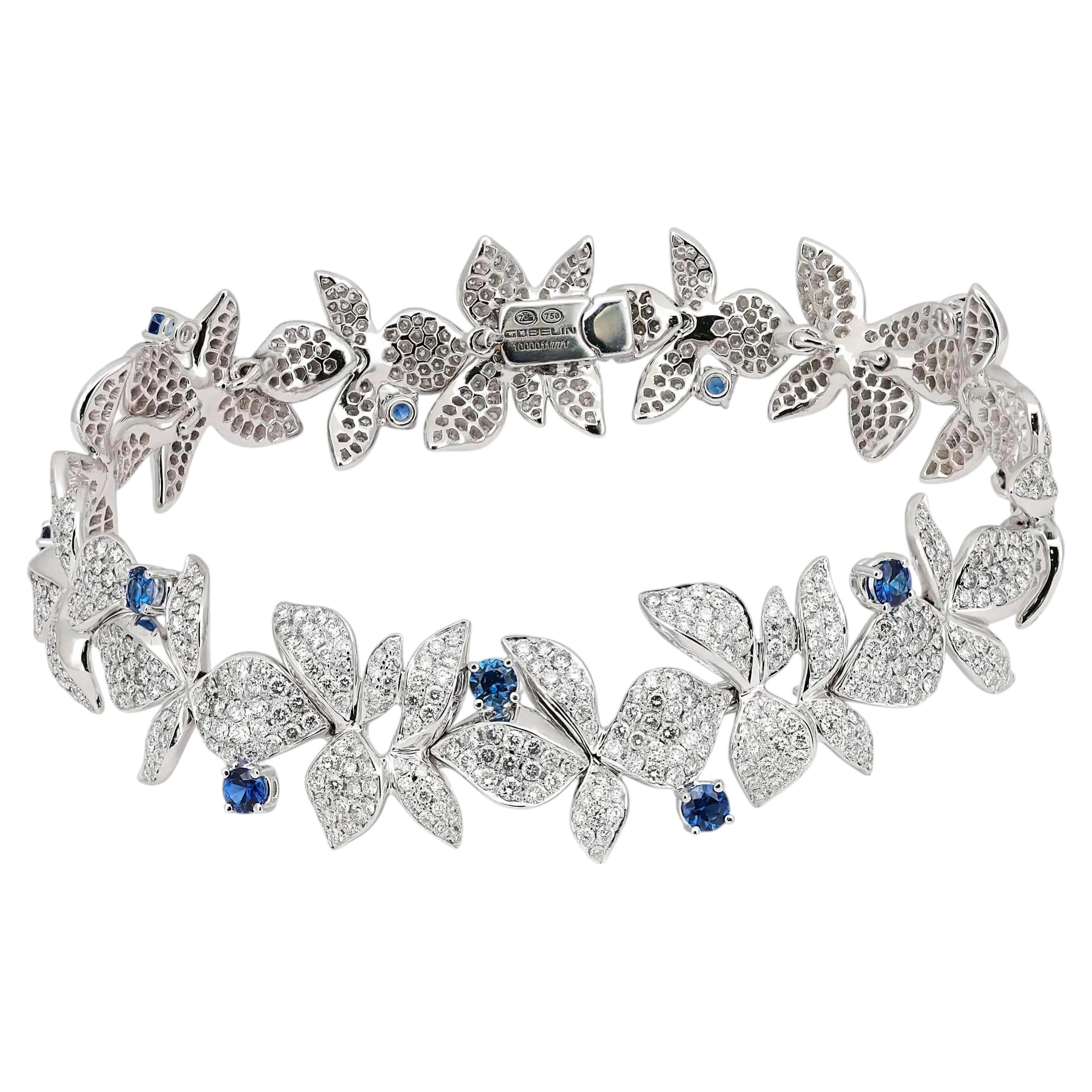 Gubelin Belize Diamond & Blue Sapphire Floral Motif Bracelet 18K White Gold