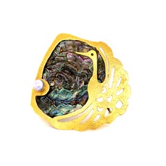 Gübelin Bird Brooch with Abalone and Cultured Pearl in 18 Karat Yellow Gold