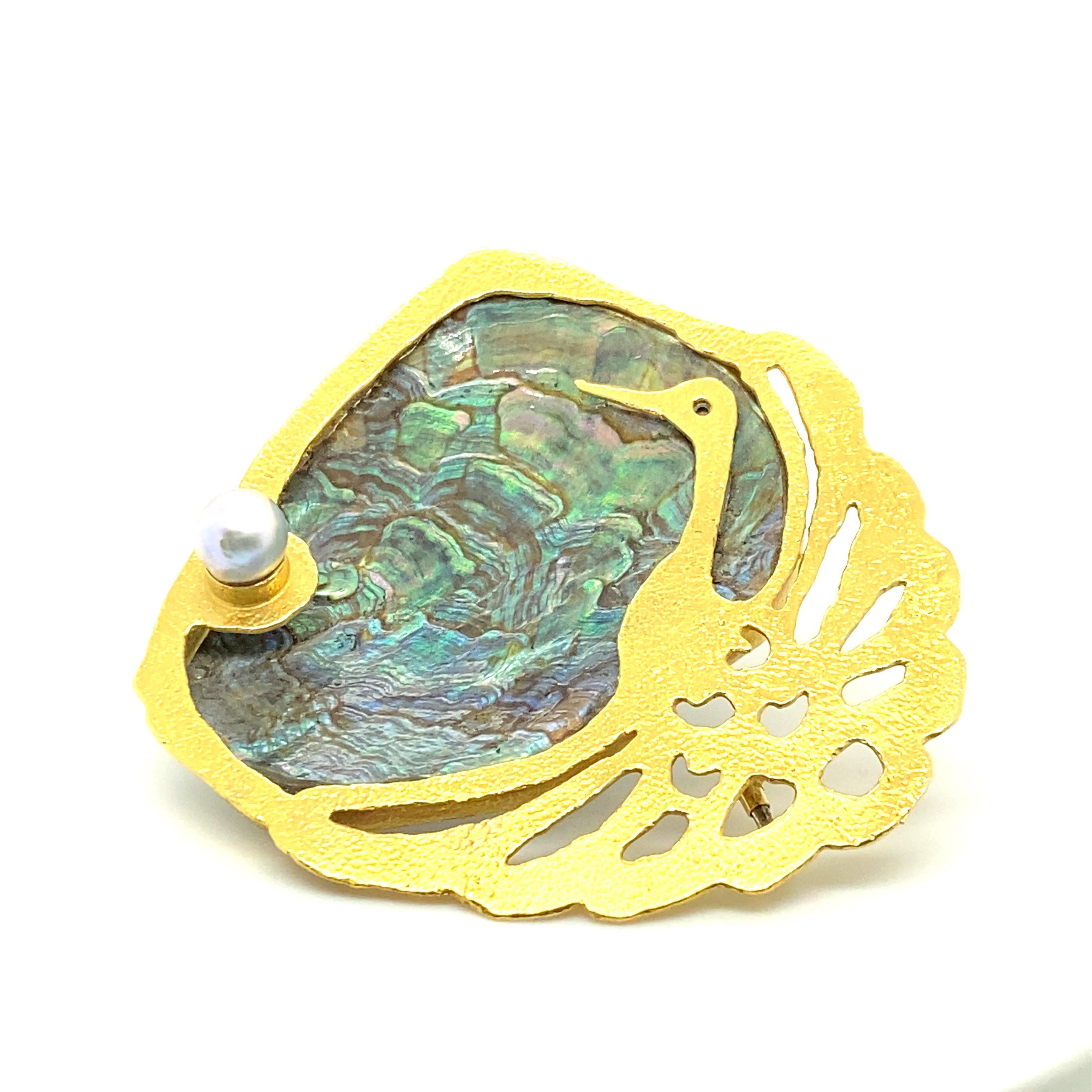 Gübelin Bird Brooch with Abalone and Cultured Pearl in 18 Karat Yellow Gold 3