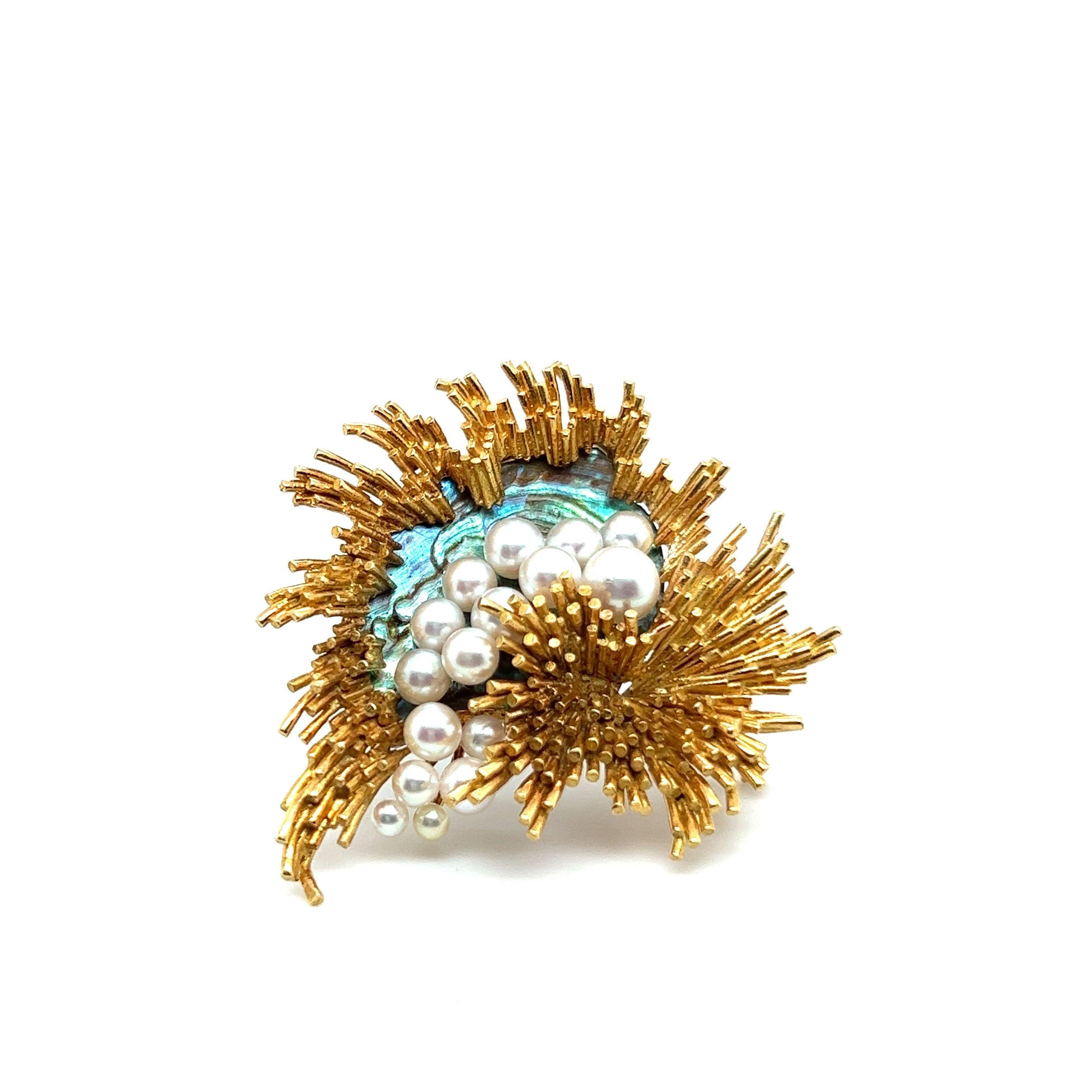 Gübelin Brooch with Abalone and Cultural Pearls in 18 Karat Yellow Gold For Sale 1