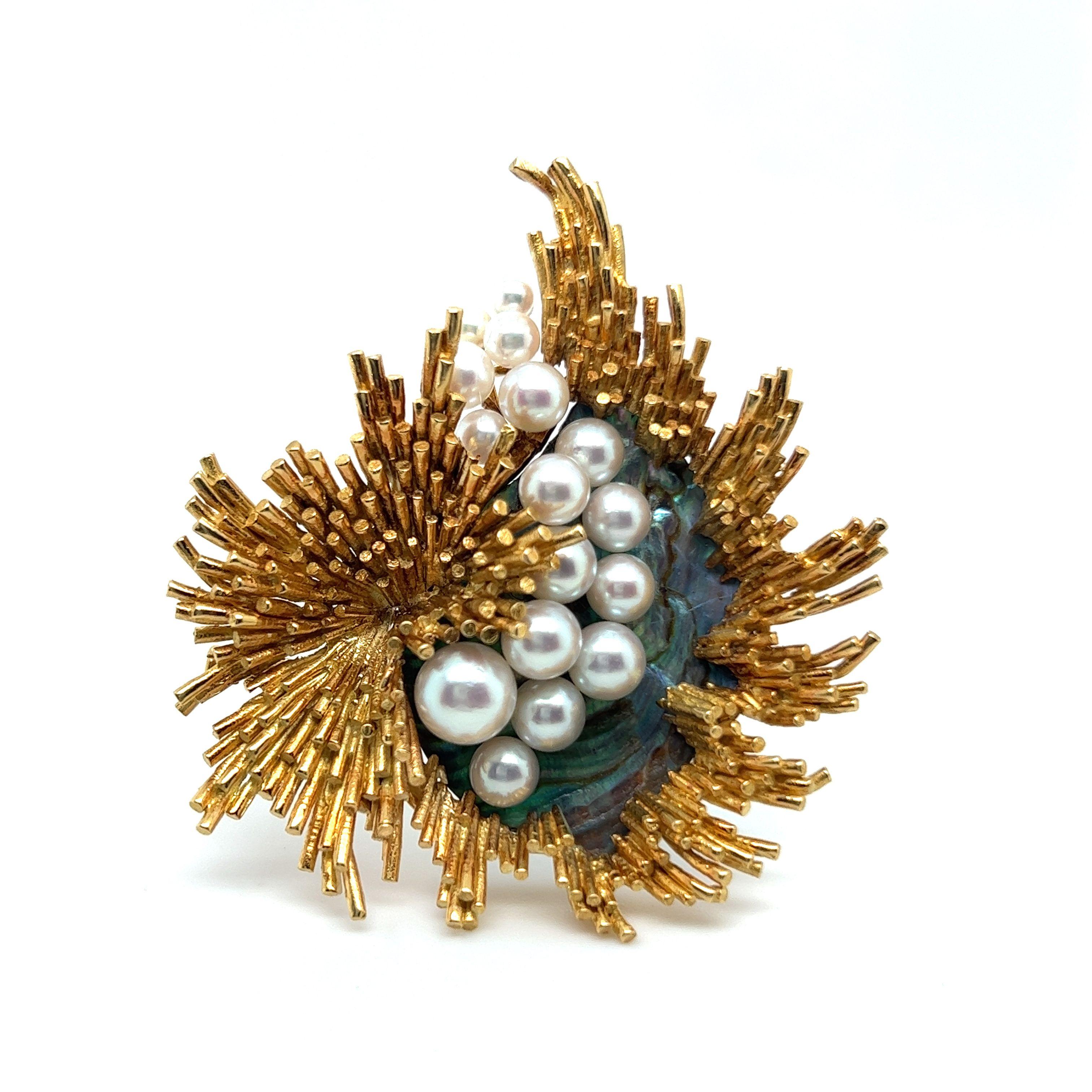 Artist Gübelin Brooch with Abalone and Cultural Pearls in 18 Karat Yellow Gold For Sale