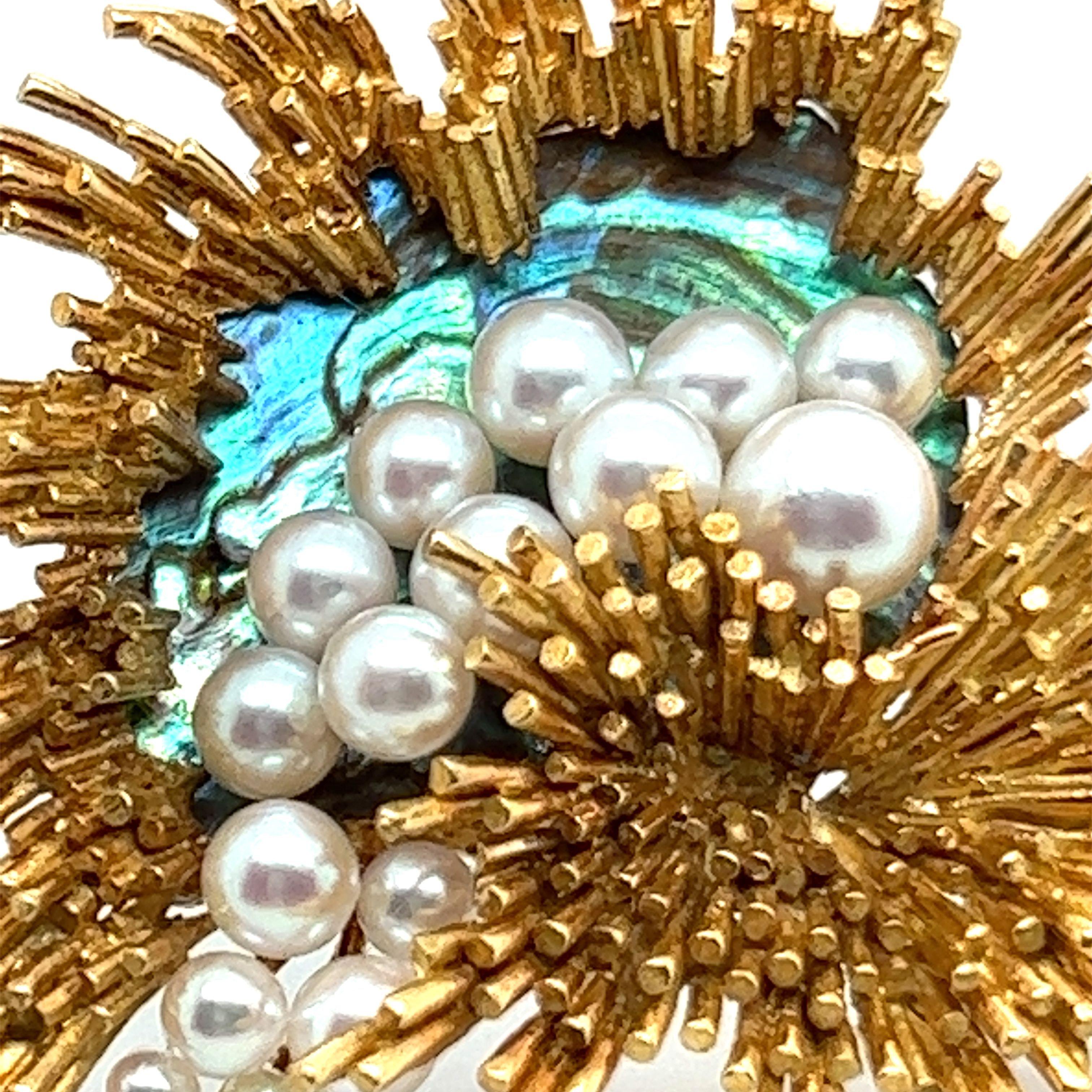 Round Cut Gübelin Brooch with Abalone and Cultural Pearls in 18 Karat Yellow Gold For Sale