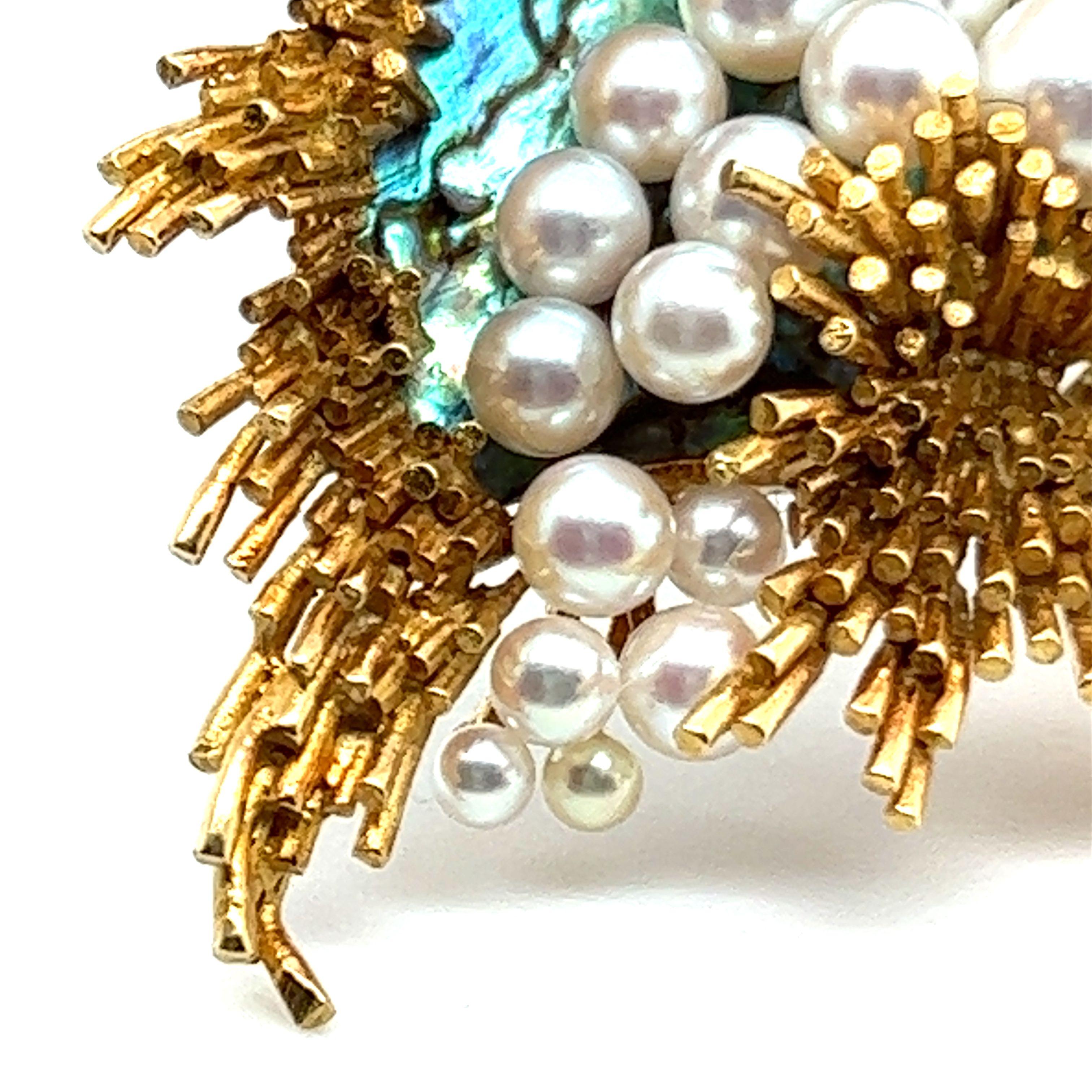 Women's or Men's Gübelin Brooch with Abalone and Cultural Pearls in 18 Karat Yellow Gold For Sale
