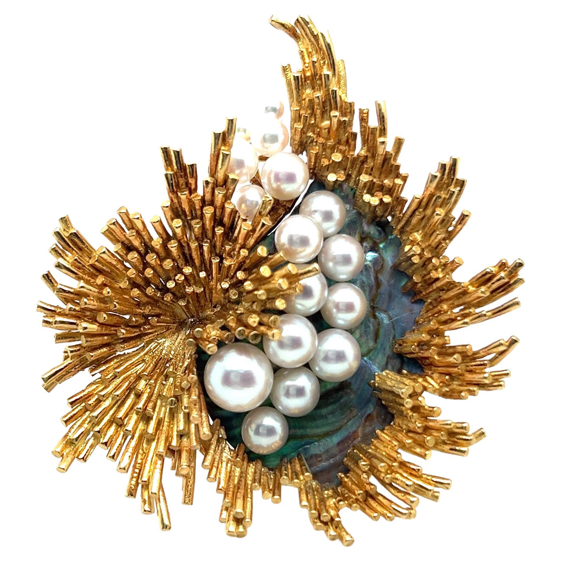 Gübelin Brooch with Abalone and Cultural Pearls in 18 Karat Yellow Gold For Sale