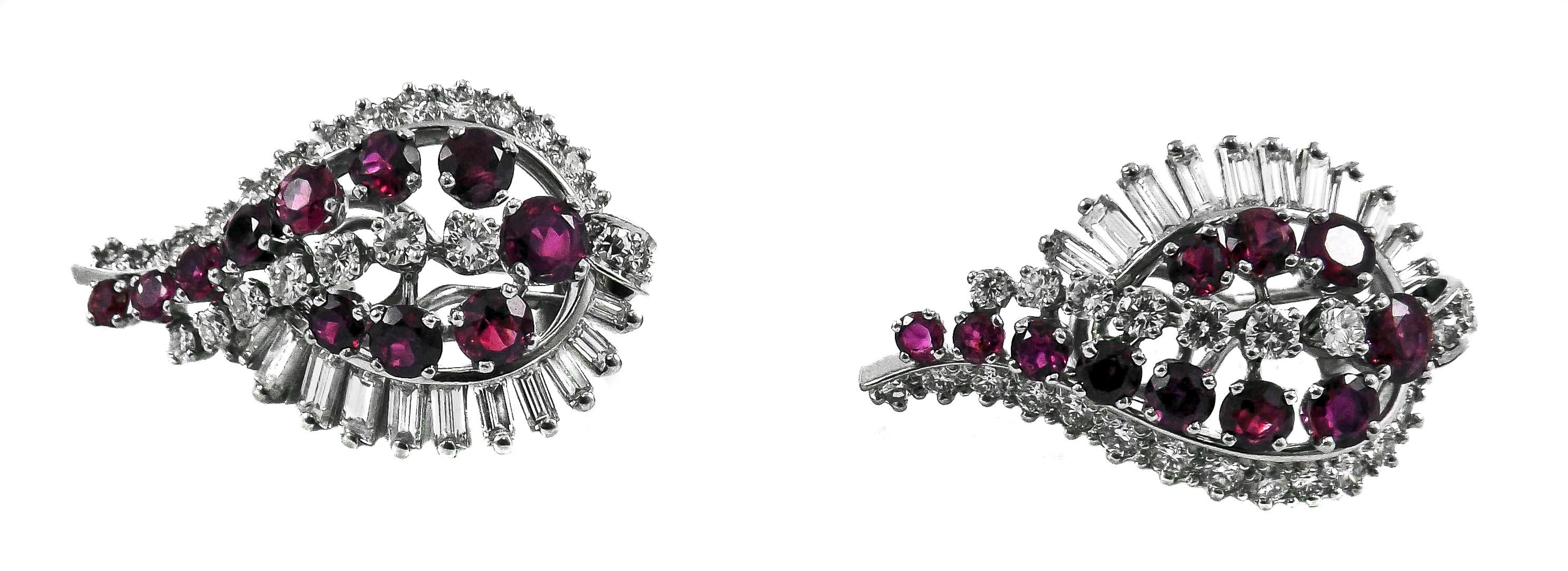 Sexy diamond and Burma ruby ear clips by Gubelin Switzerland, superbly hand crafted out of platinum with 18 karat white gold post and omega clip back. World renowned for its choice of quality gemstones and diamonds, Gubelin has chosen exceptionally