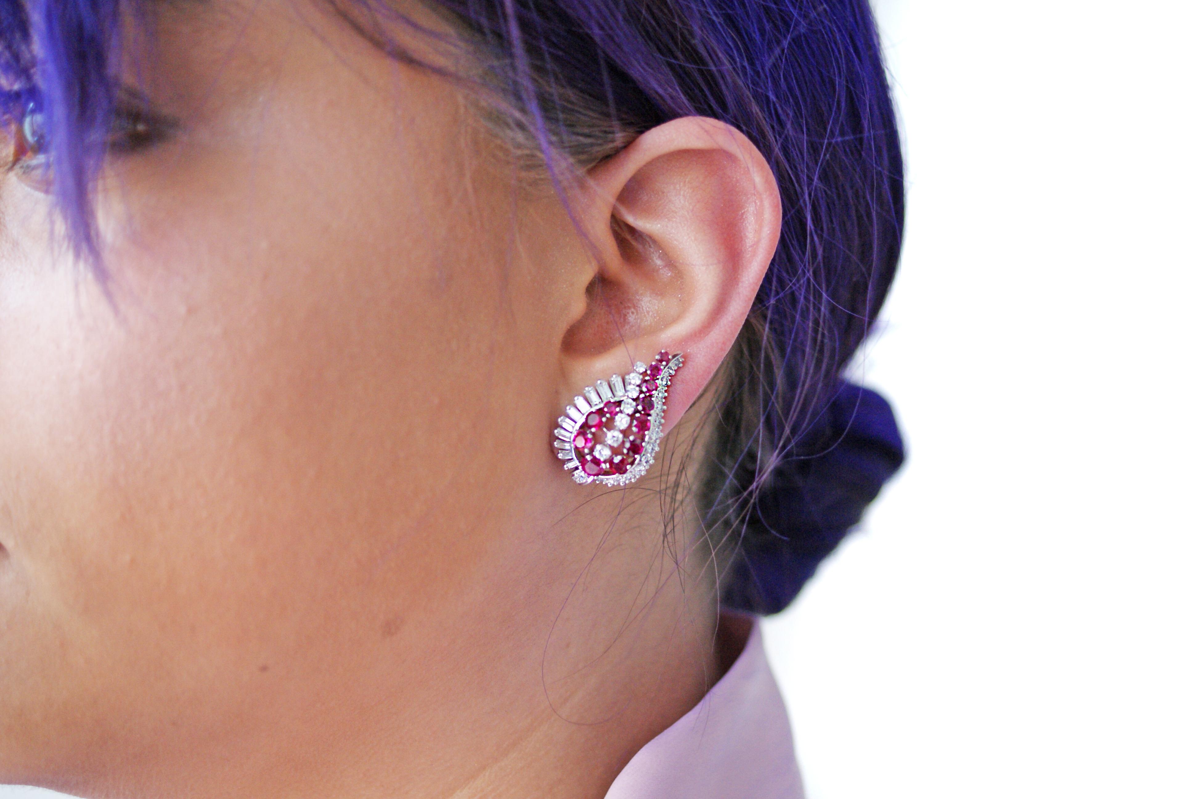 Gübelin Burmese Ruby Round Baguette Diamond Platinum Earrings 1