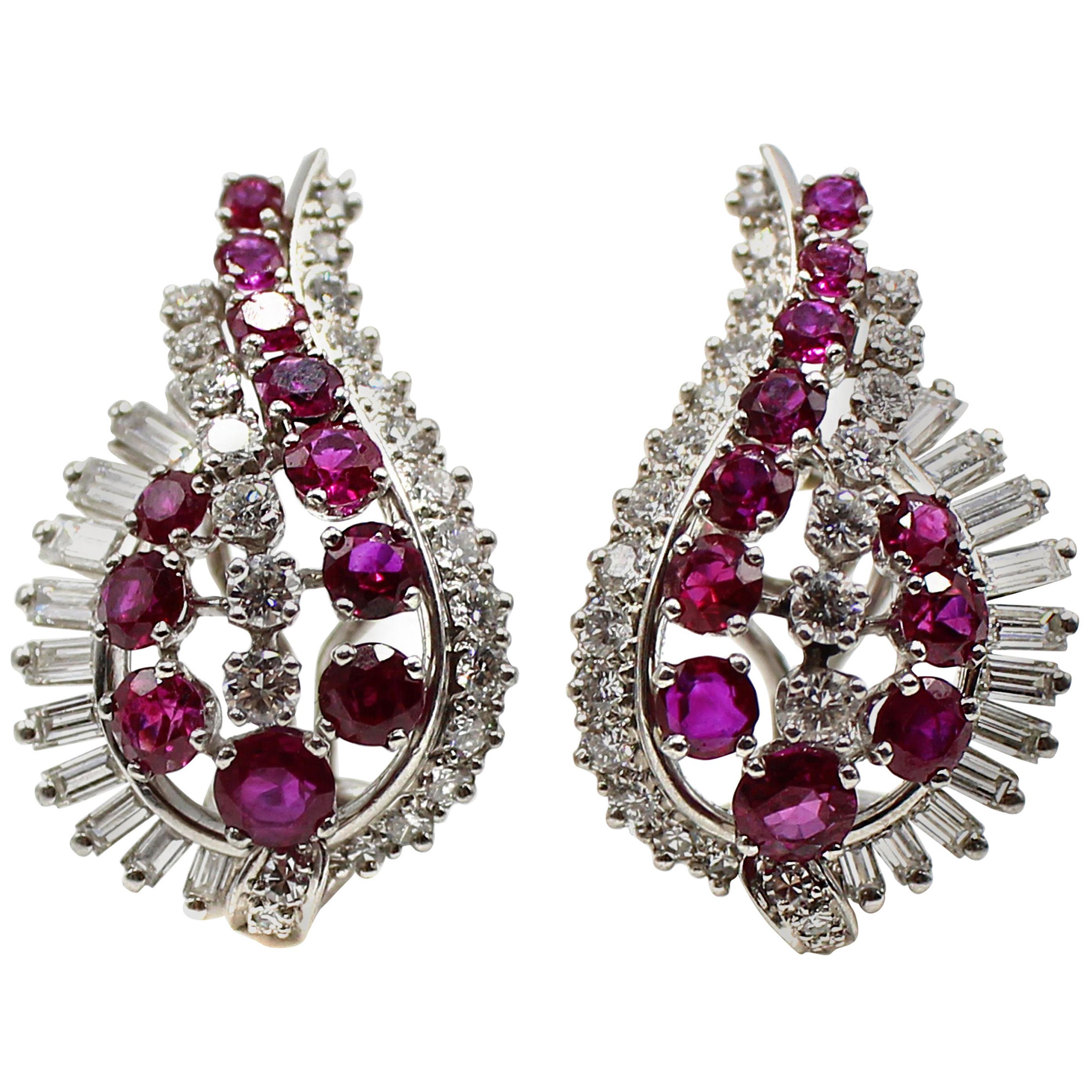 Gübelin Burmese Ruby Round Baguette Diamond Platinum Earrings