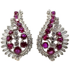Gübelin Burmese Ruby Round Baguette Diamond Platinum Earrings