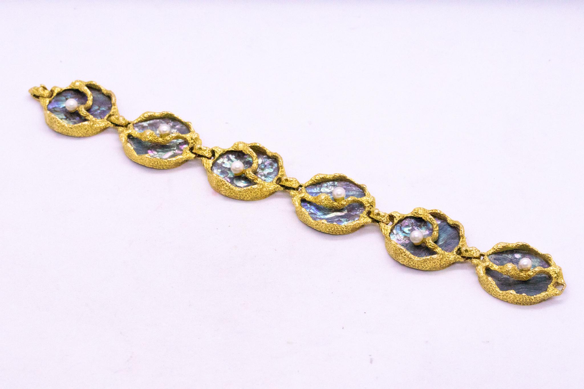 Round Cut Gubelin by Gilbert Albert 1960 Swiss Organic Bracelet 18Kt Gold Abalone Shell