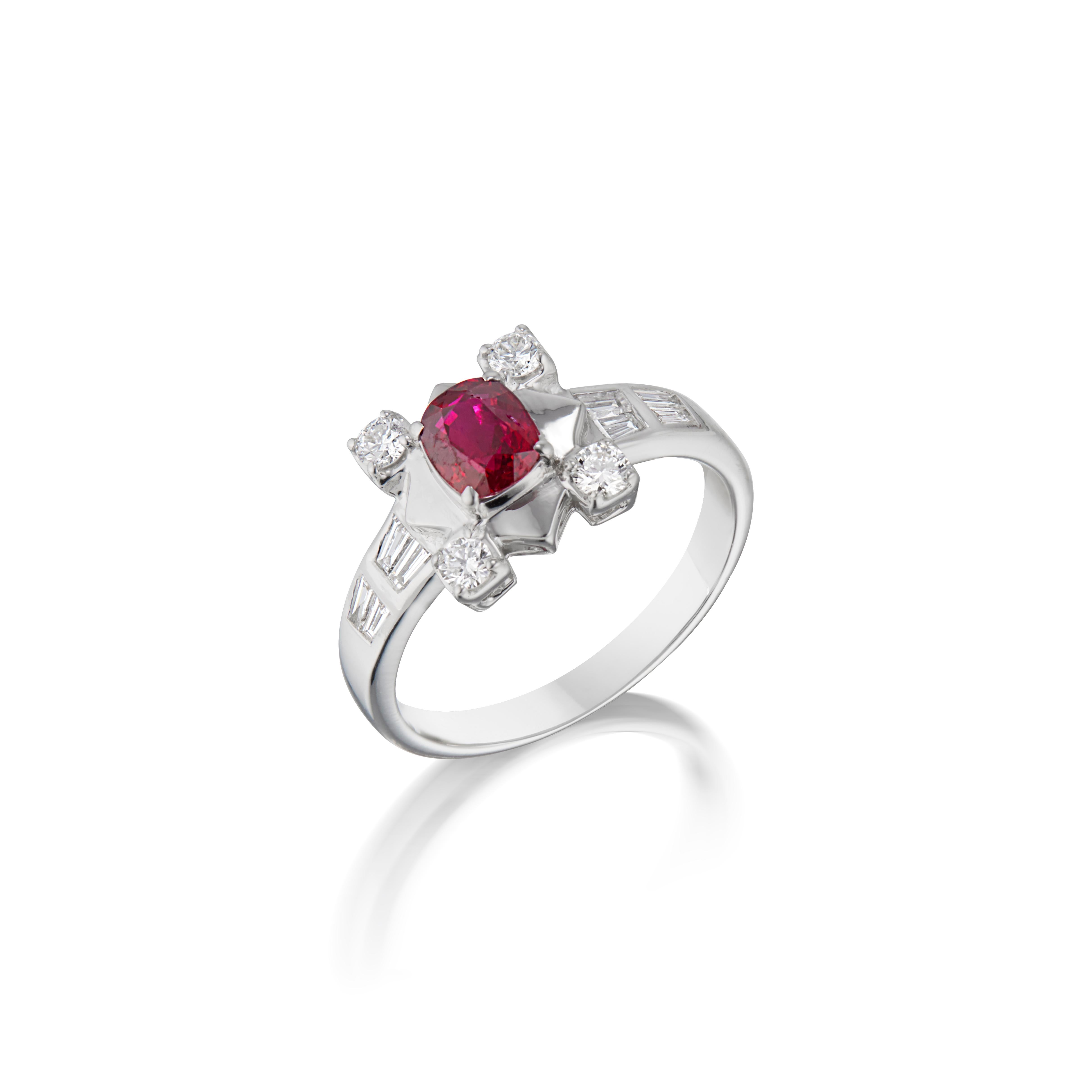 18K WHITE GOLD 
4 ROUND DIAMONDS, 0.25 CARATS
8 TAPERED DIAMONDS, 0.25 CARATS
1 NO-HEAT BURMESE RUBY, 0.82 CARATS
GUBELIN LAB CERTIFIED, Red

Introducing our exquisite unisex ring with a unique design. This captivating piece features a stunning 0.82