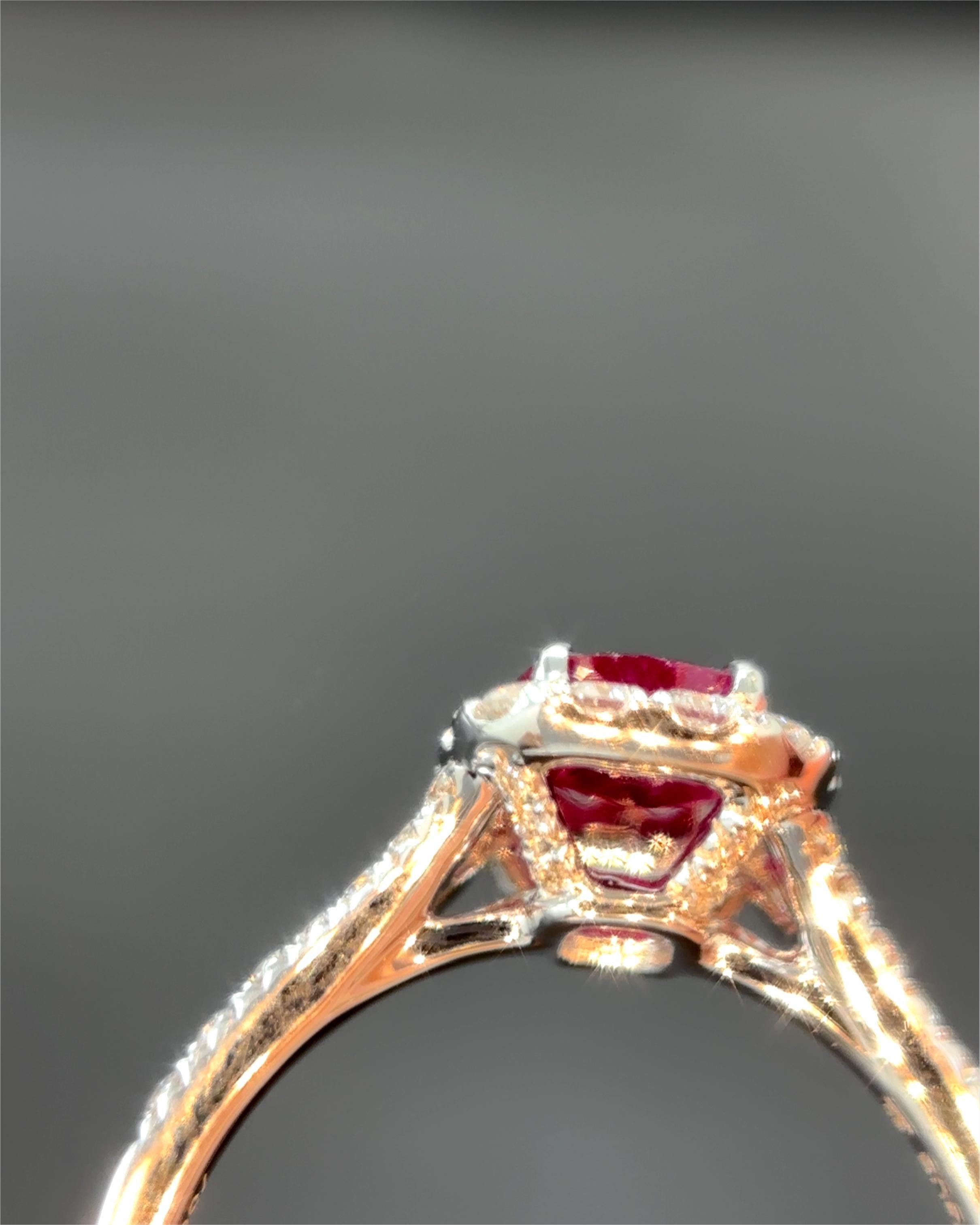 Cushion Cut Gubelin Certified 0.89 Carat Burma No Heat Ruby White Diamond 18K Gold Ring For Sale