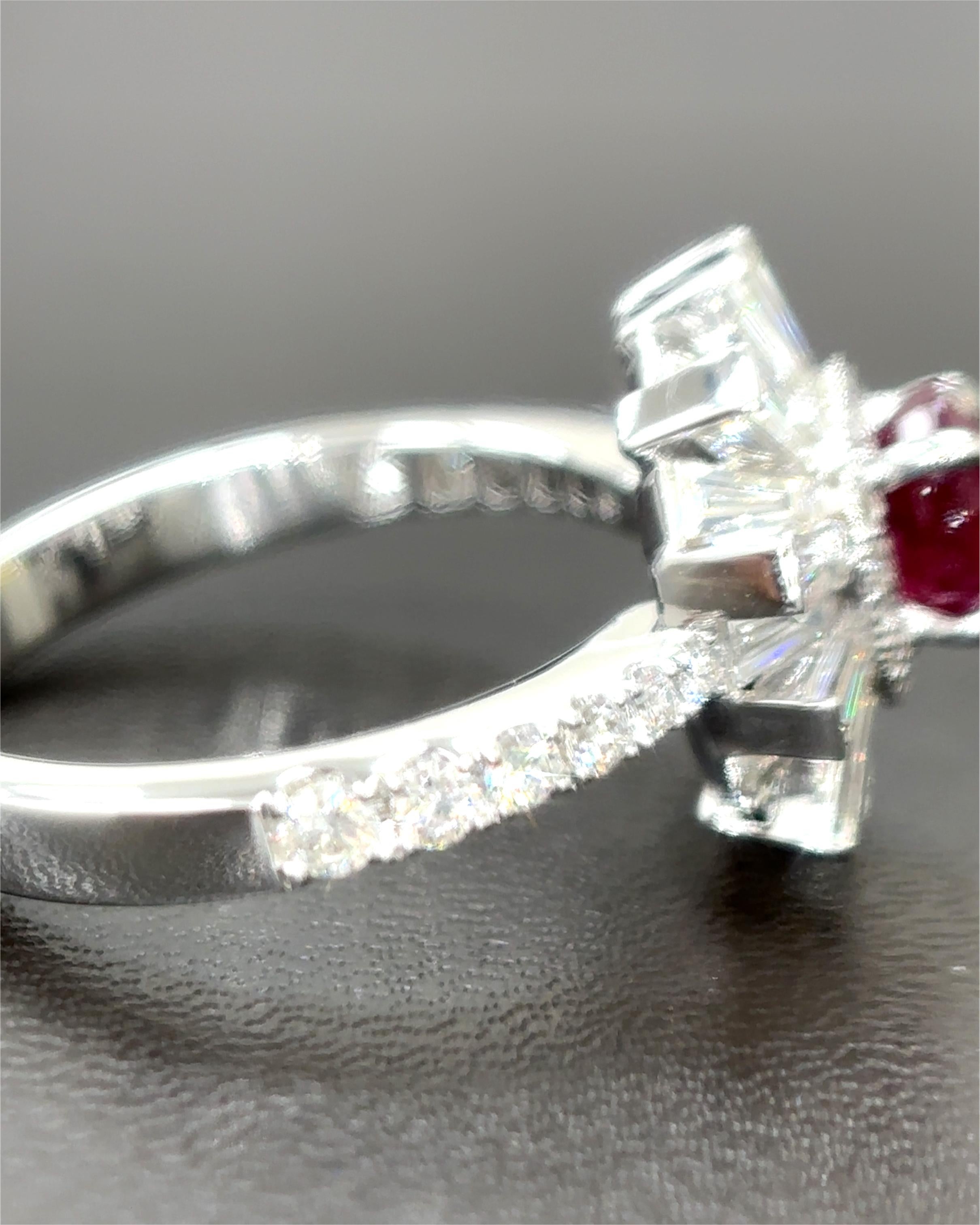 Cushion Cut Gubelin Certified 0.93 Carat Burma No Heat Ruby White Diamond 18K Gold Ring For Sale