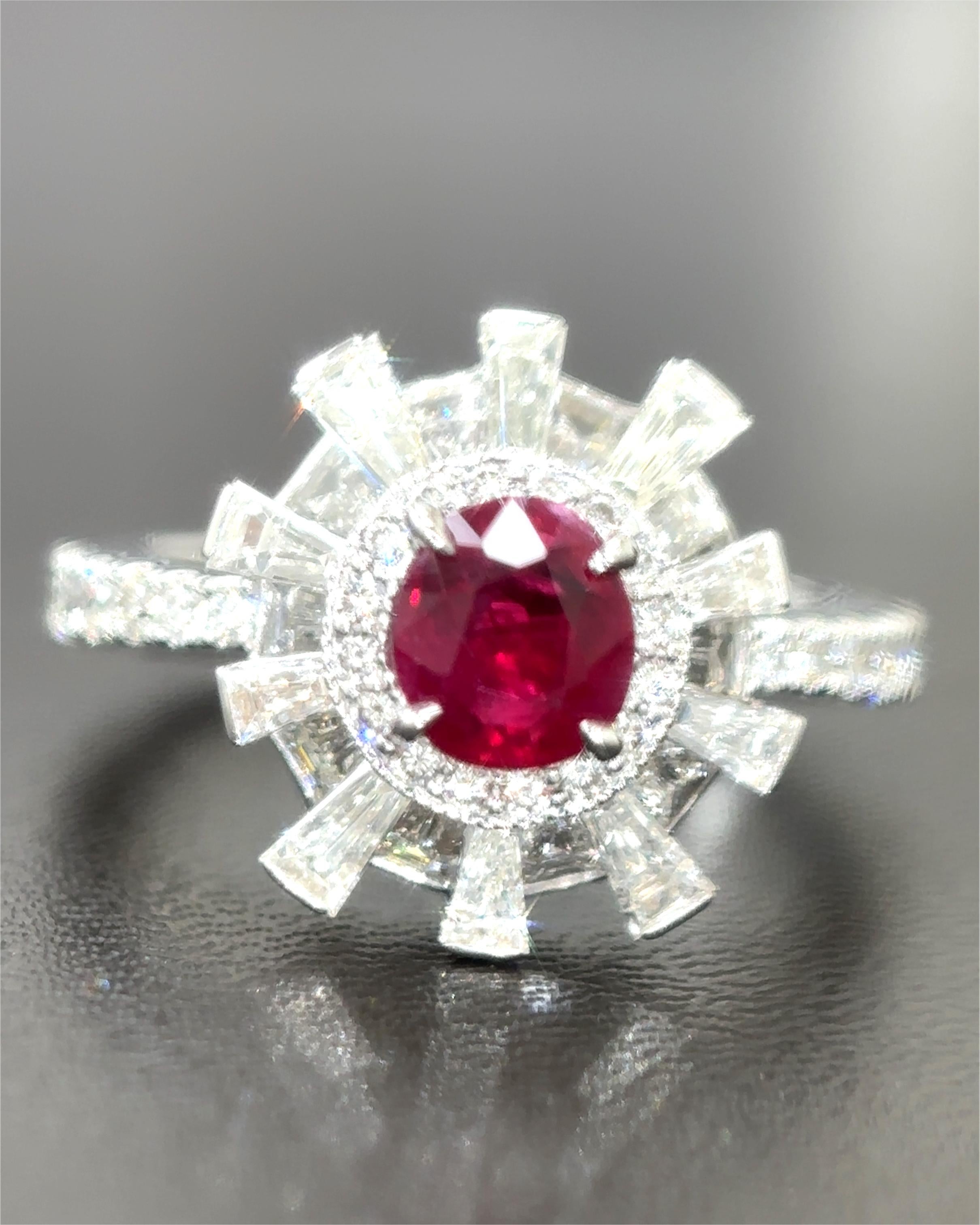 Women's or Men's Gubelin Certified 0.93 Carat Burma No Heat Ruby White Diamond 18K Gold Ring For Sale
