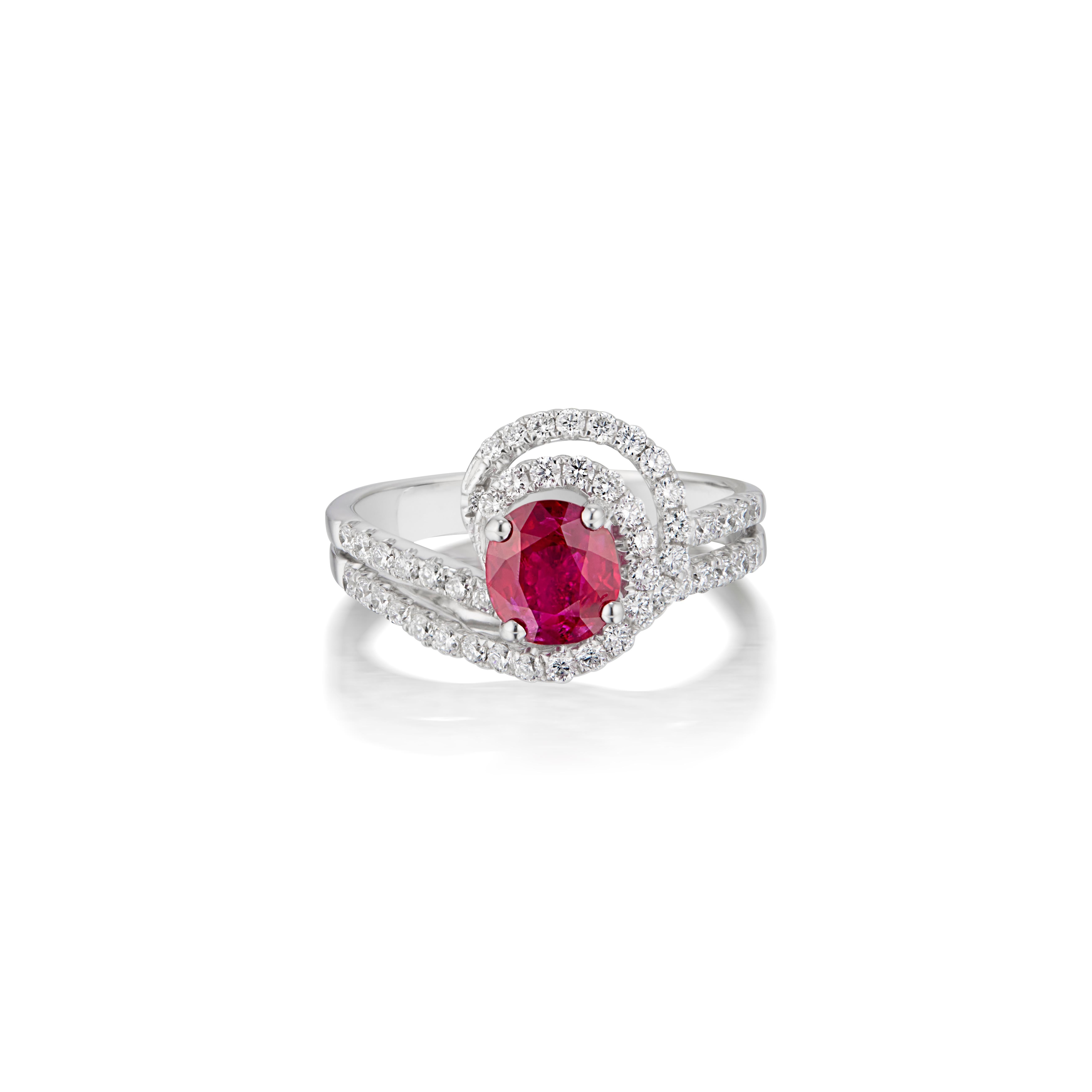 18K WHITE GOLD 
38 DIAMONDS   0.30 CARATS
1 NO-HEAT BURMESE RUBY  1.07 CARATS
GUBELIN LAB CERTIFIED, RED

Introducing our captivating The Eternal Whirl Ring, featuring a captivating 1.07 carat Burma No-heat Ruby at its heart. The deep red ruby