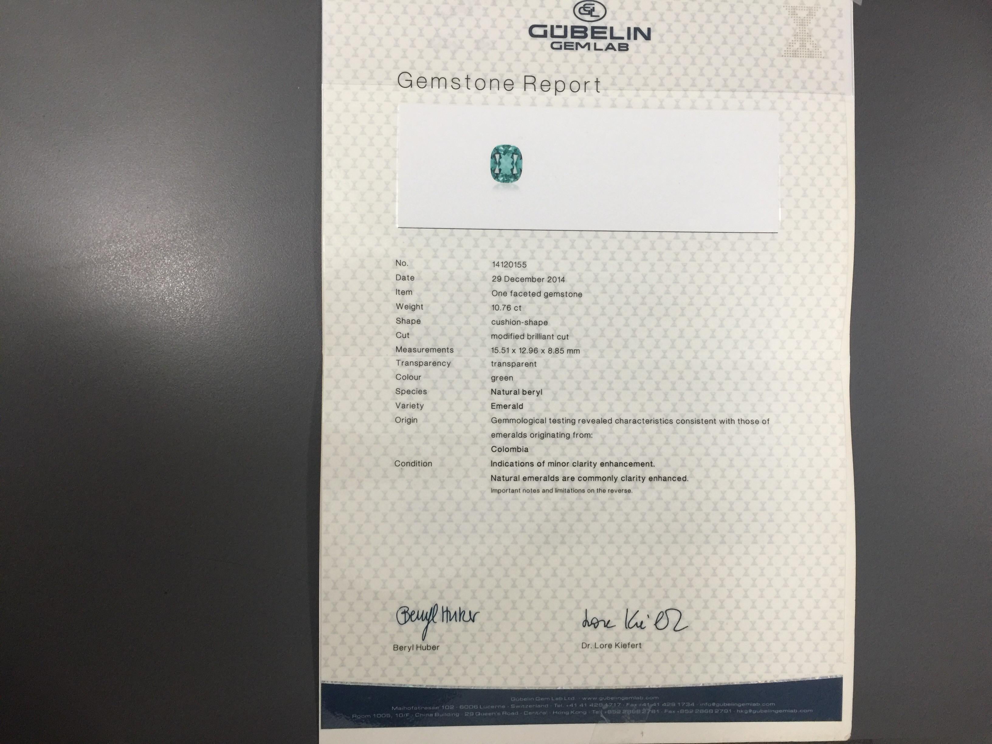 Gubelin Certified 10.76 Carat Columbian Cushion Shaped Emerald and Diamond Ring 5