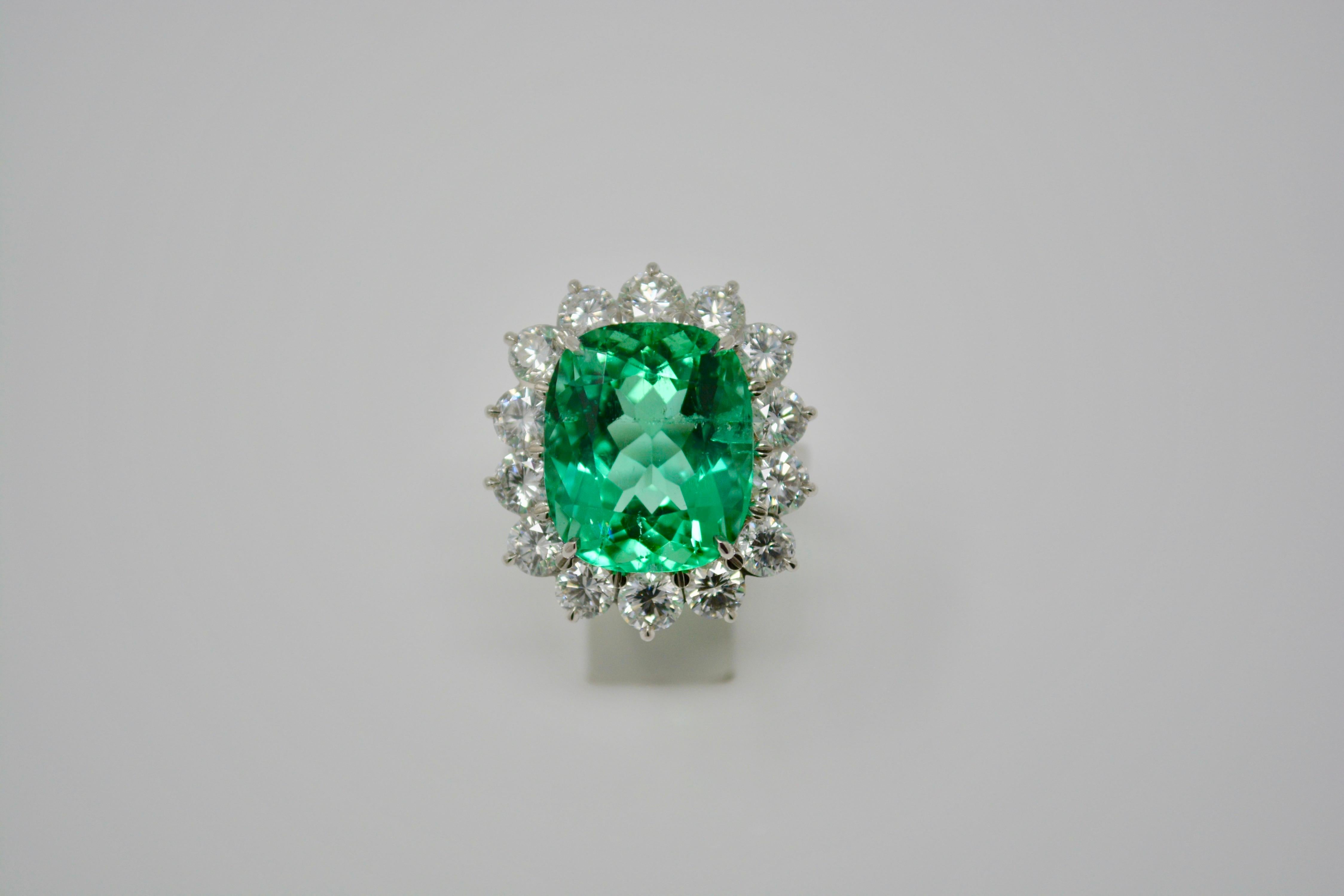 Women's Gubelin Certified 10.76 Carat Columbian Cushion Shaped Emerald and Diamond Ring