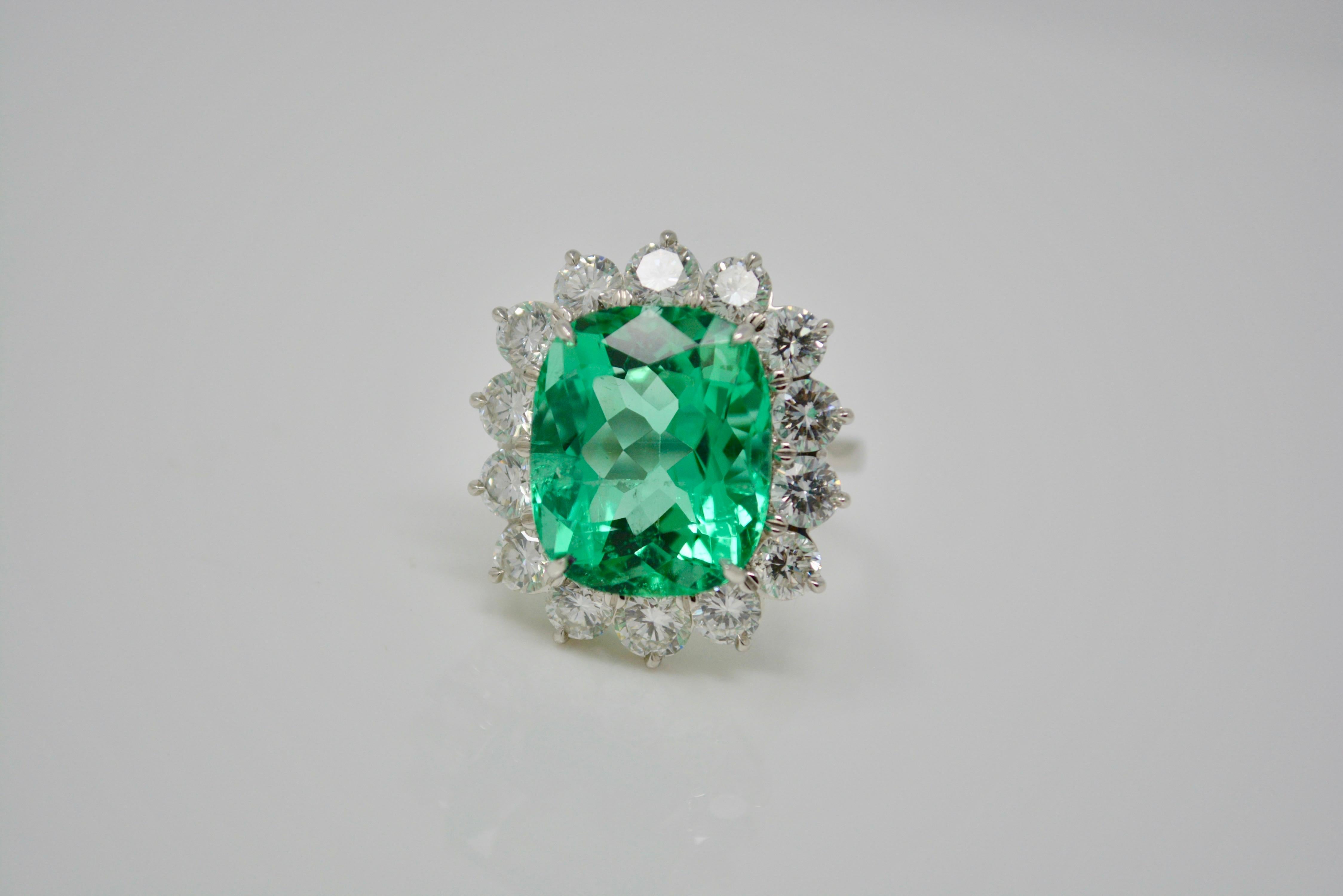 Gubelin Certified 10.76 Carat Columbian Cushion Shaped Emerald and Diamond Ring 1