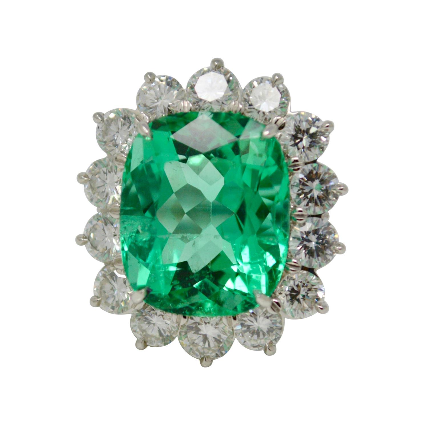 Gubelin Certified 10.76 Carat Columbian Cushion Shaped Emerald and Diamond Ring