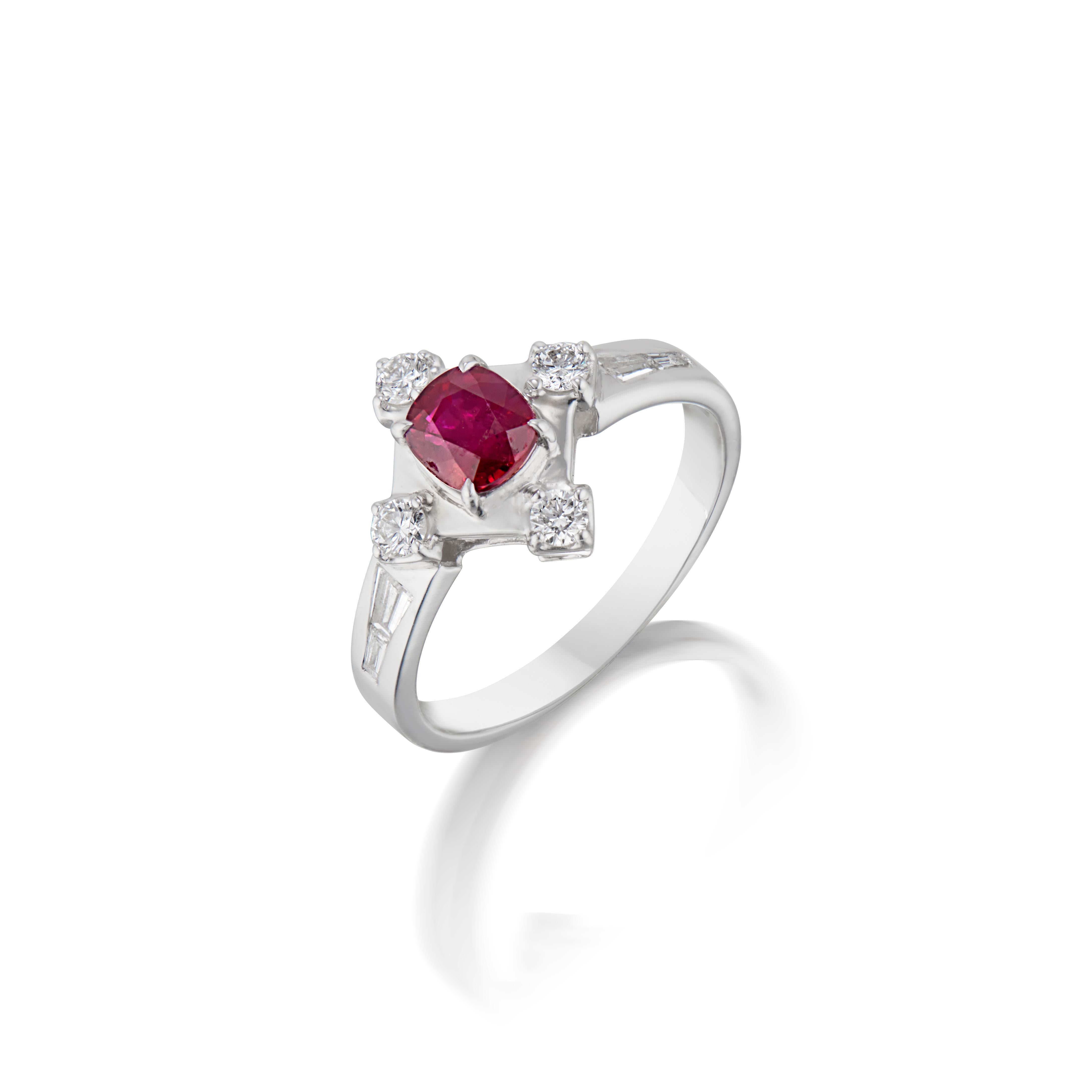 18K WHITE GOLD 
4 ROUND DIAMONDS  0.23 CARATS
4 TAPERED DIAMONDS  0.23 CARATS
1 NO-HEAT PIGEON BLOOD BURMESE RUBY  1.08 CARATS
GUBELIN LAB CERTIFIED, PIGEON BLOOD RED

Introducing our exquisite 1.08 carat Burmese ruby ring, a captivating blend of