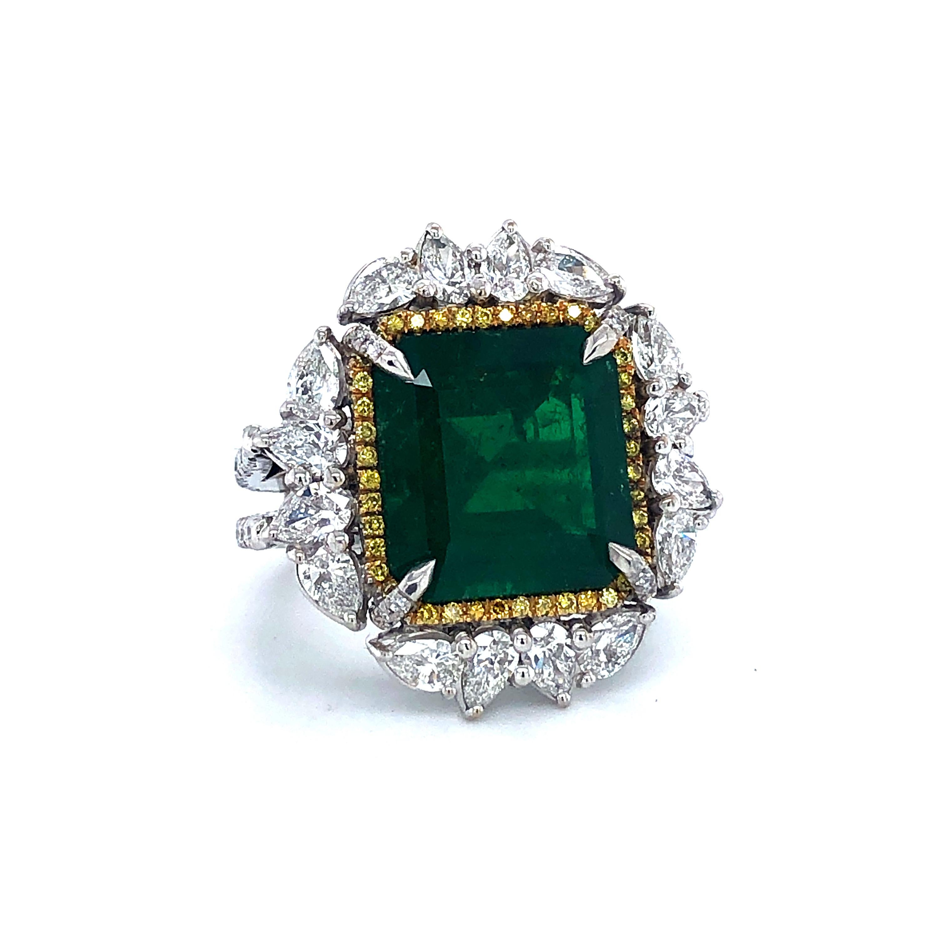 Emerald Cut 18kt white gold 11.46c Colombian Emerald Minor, 3.68c Diam, Ring Gubelin Cer For Sale