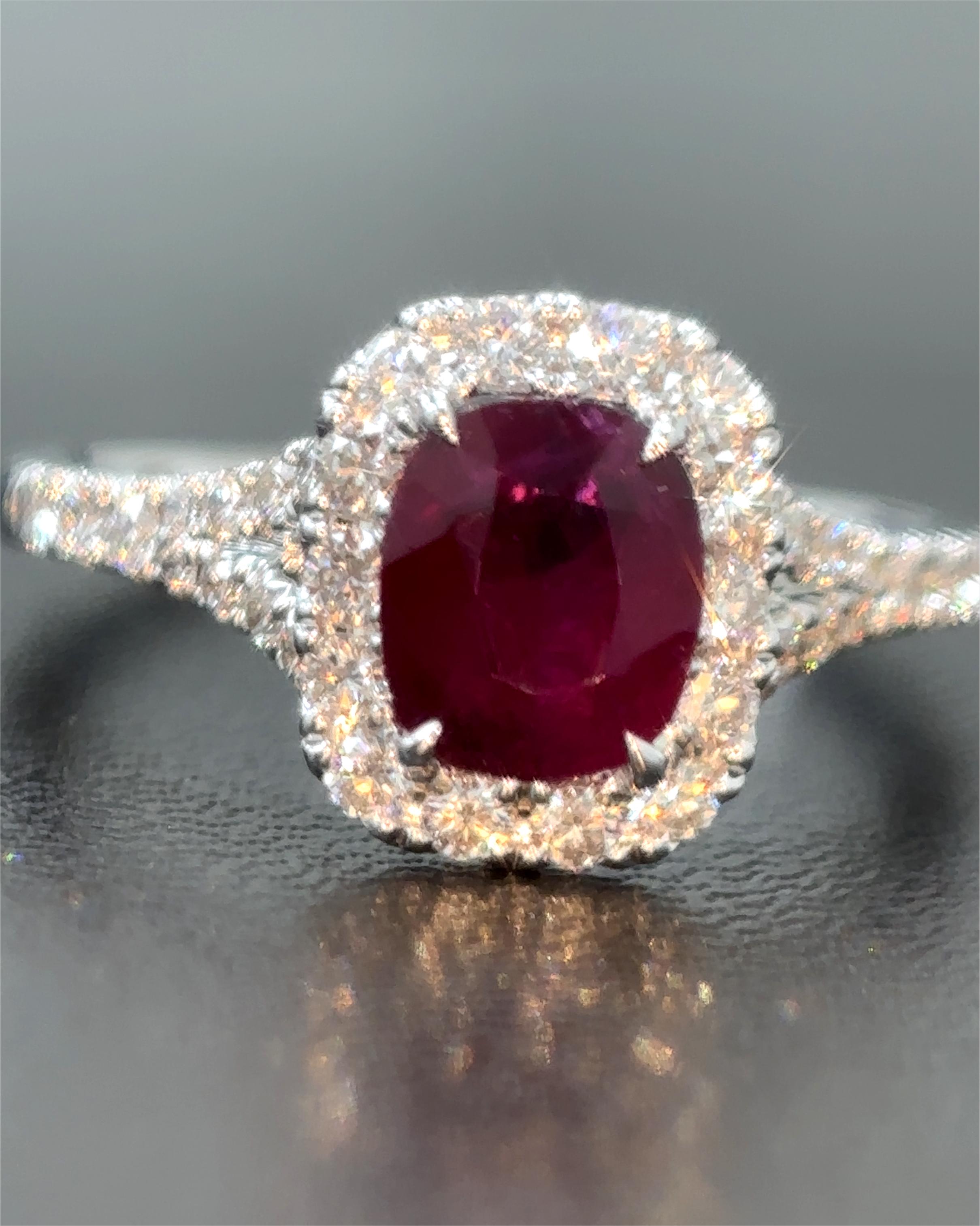 A beautiful creation, it features a rare 1.13 carat Burmese natural ruby, spared of any treatment whatsoever, surrounded by high quality natural white mixed cut diamonds.

Certified by Gubelin Gem Lab, the ruby is fashioned as a cushion-cut, hailing