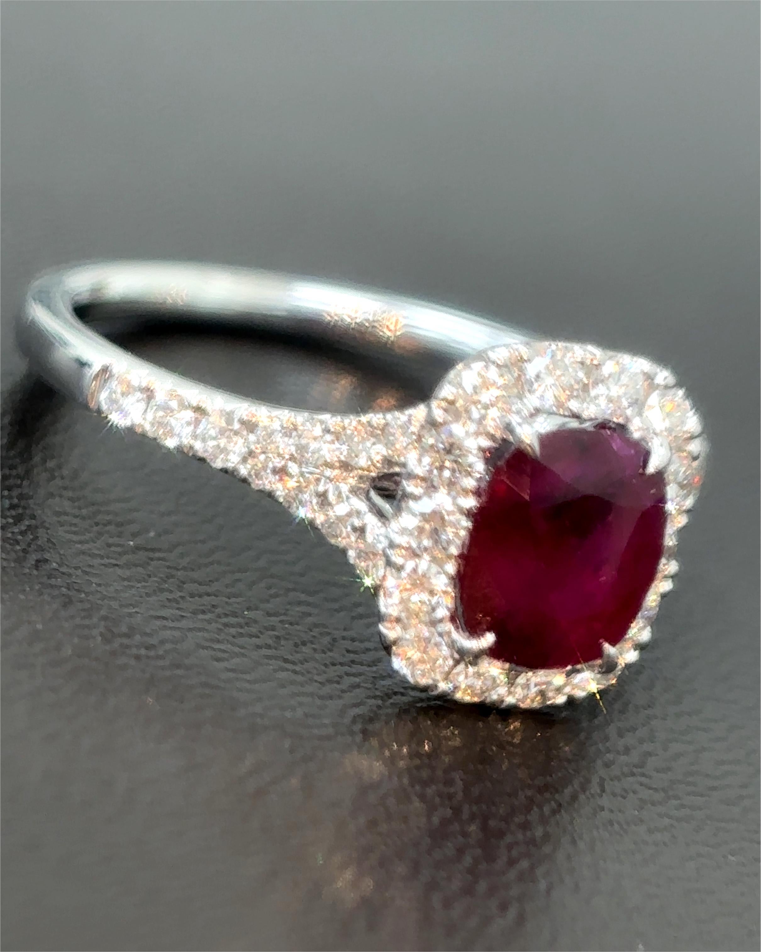 Cushion Cut Gubelin Certified 1.13 Carat Burma No Heat Ruby White Diamond 18K Gold Ring For Sale