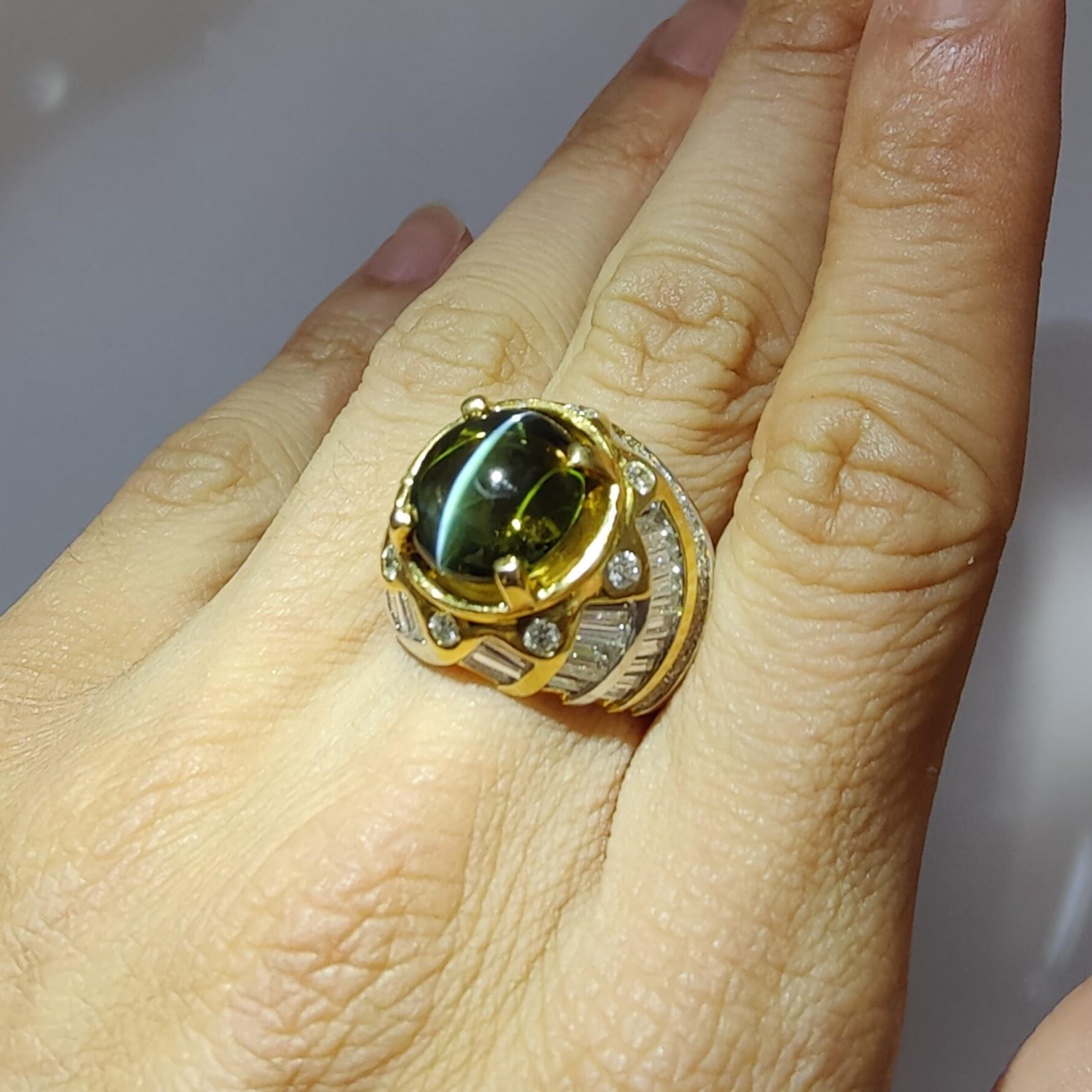Vintage Certified 12.01ct Color Change Green-Brown Cat's Eye Diamond Men's Ring For Sale 6