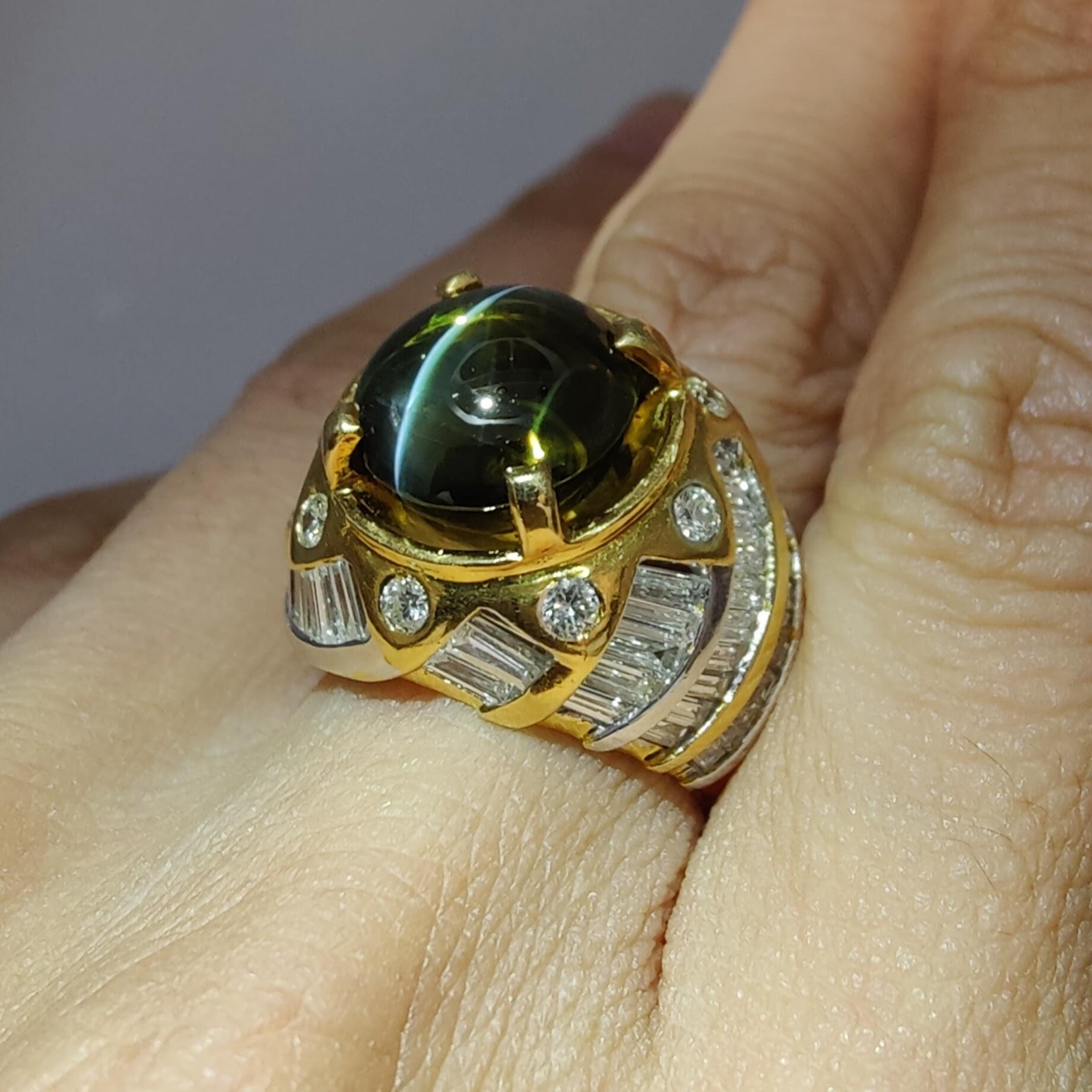 Vintage Certified 12.01ct Color Change Green-Brown Cat's Eye Diamond Men's Ring For Sale 8