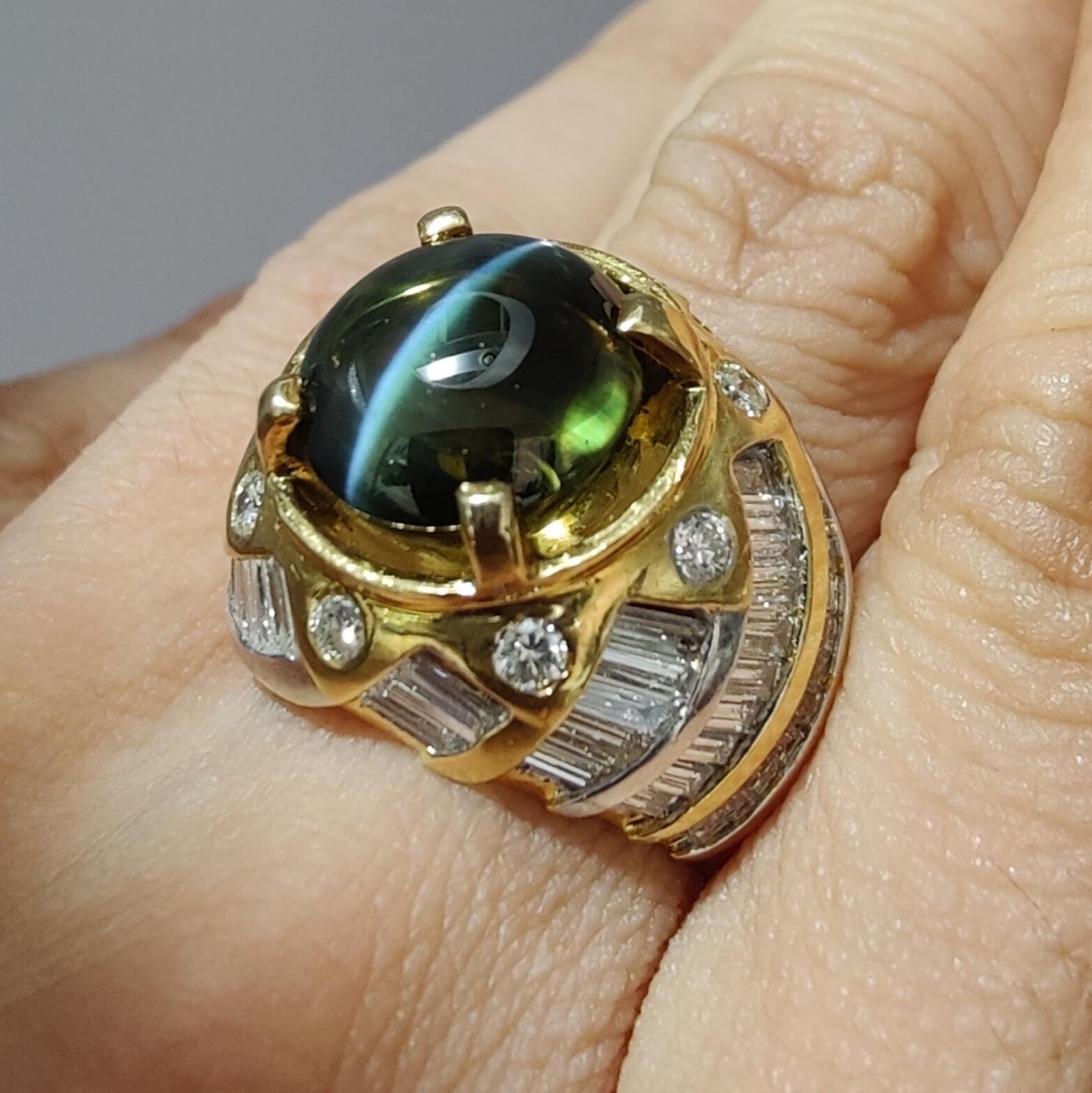 Vintage Certified 12.01ct Color Change Green-Brown Cat's Eye Diamond Men's Ring For Sale 9