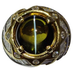 Retro Certified 12.01ct Color Change Green-Brown Cat's Eye Diamond Men's Ring