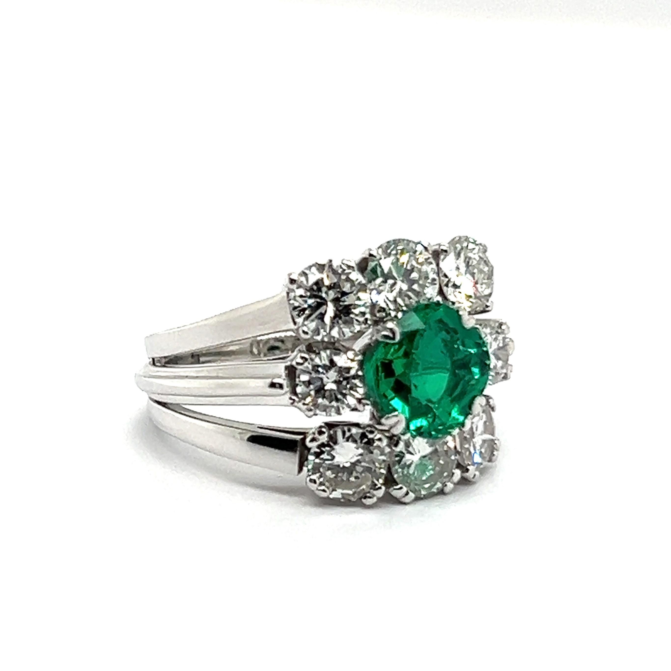 An exquisite creation by the Swiss Jewelry House Gübelin –emerald and diamond ring in a rare palladium design.

This charming piece features a gorgeous 1.33-carat cushion-cut emerald from the mines of Colombia, accompanied by a GGL report. The